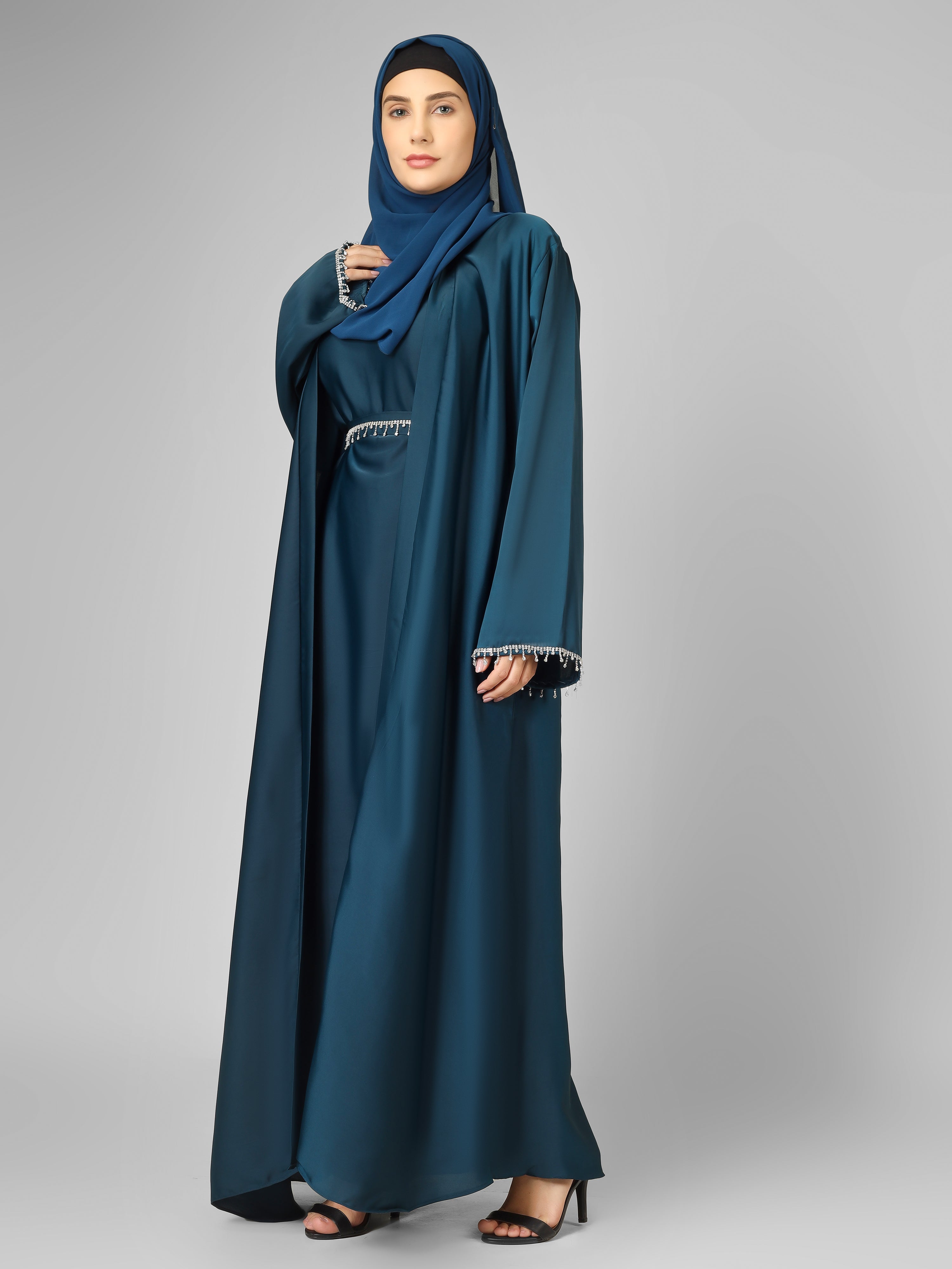 SAFFIA DOUBLE SHRUG LACE ABAYA | TEAL