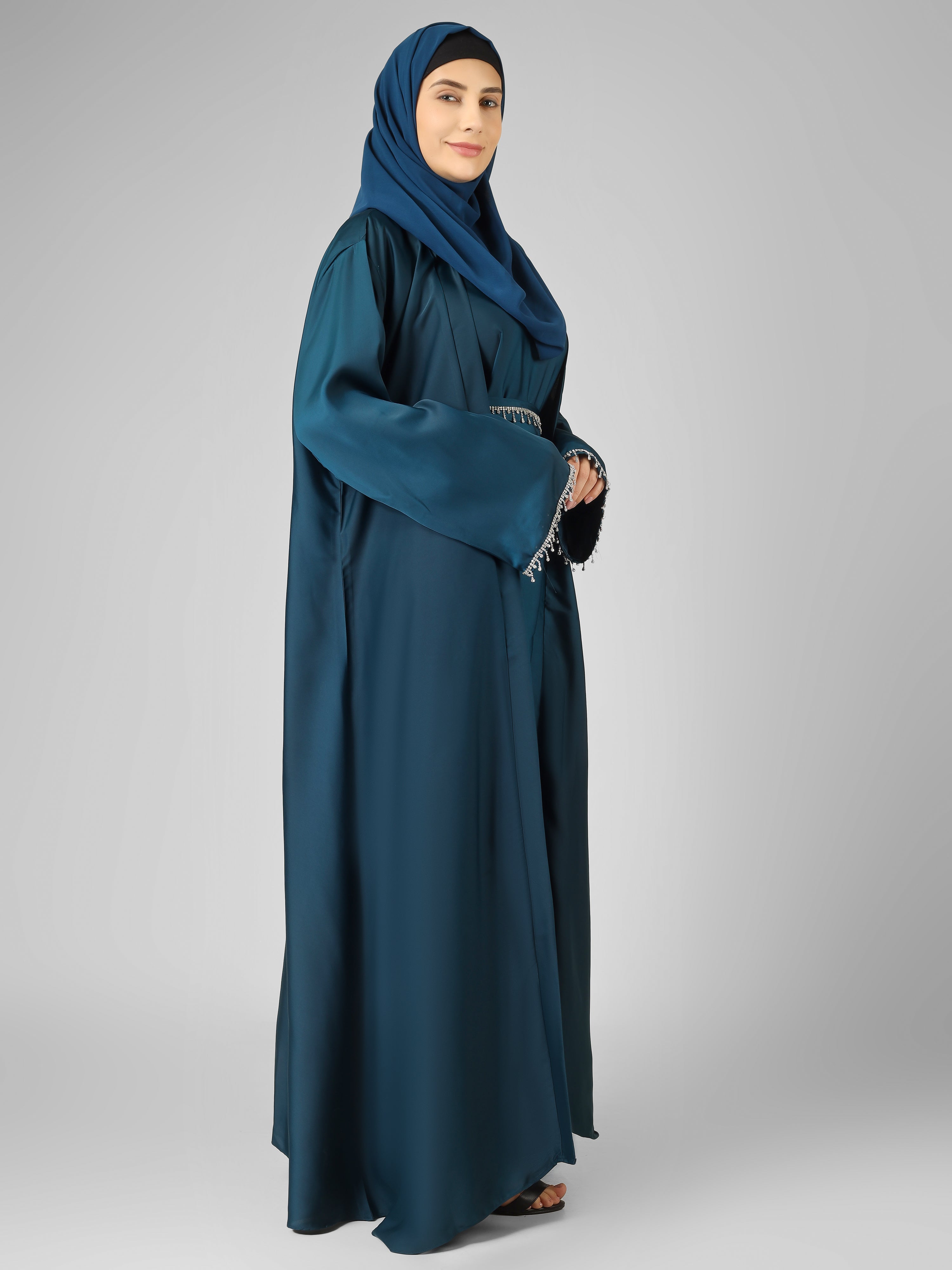 SAFFIA DOUBLE SHRUG LACE ABAYA | TEAL