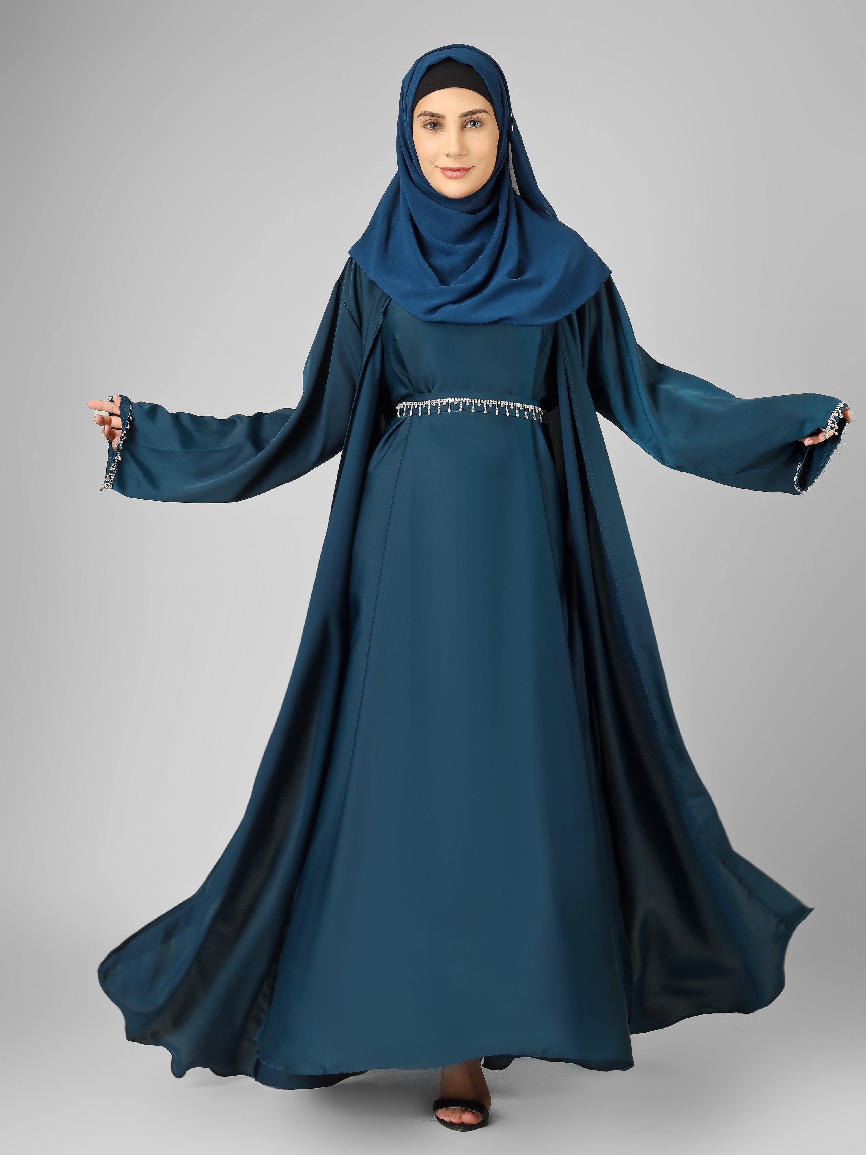 SAFFIA DOUBLE SHRUG LACE ABAYA | TEAL