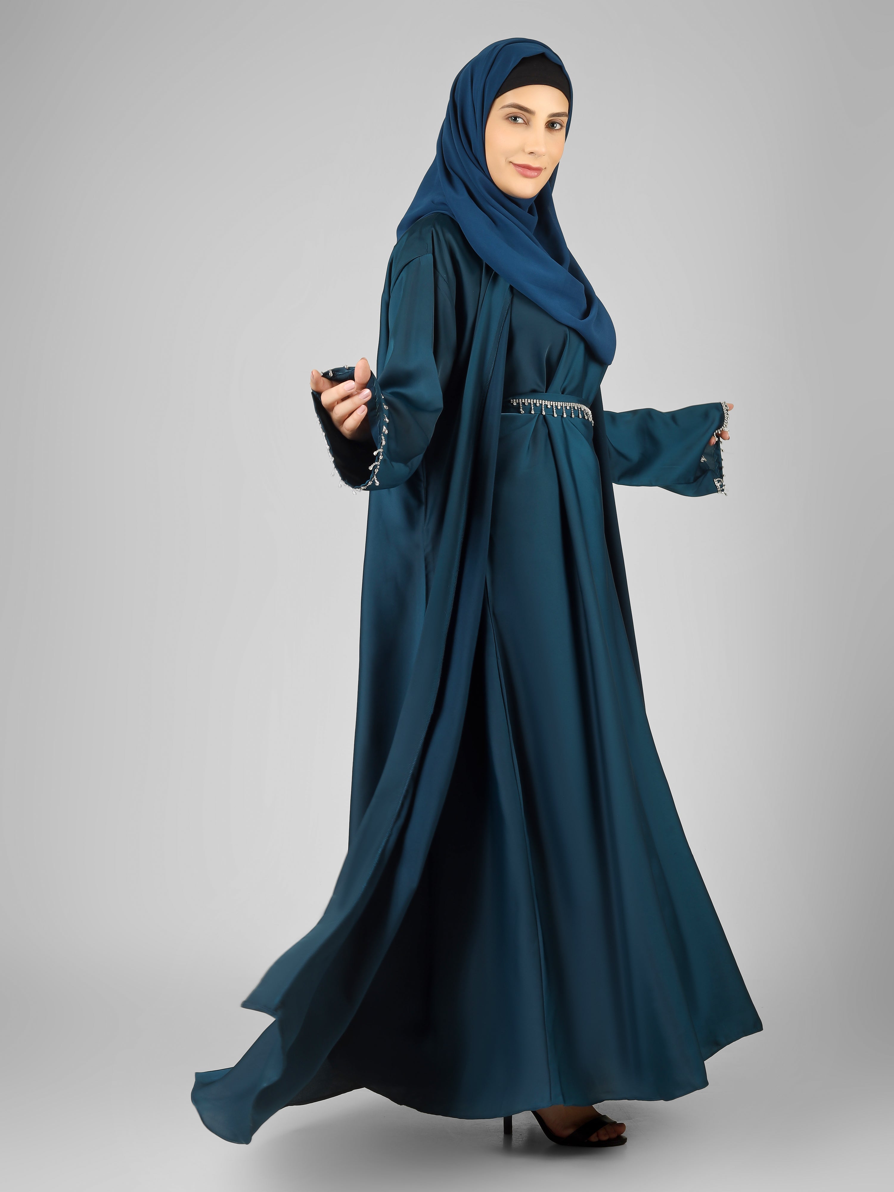SAFFIA DOUBLE SHRUG LACE ABAYA | TEAL