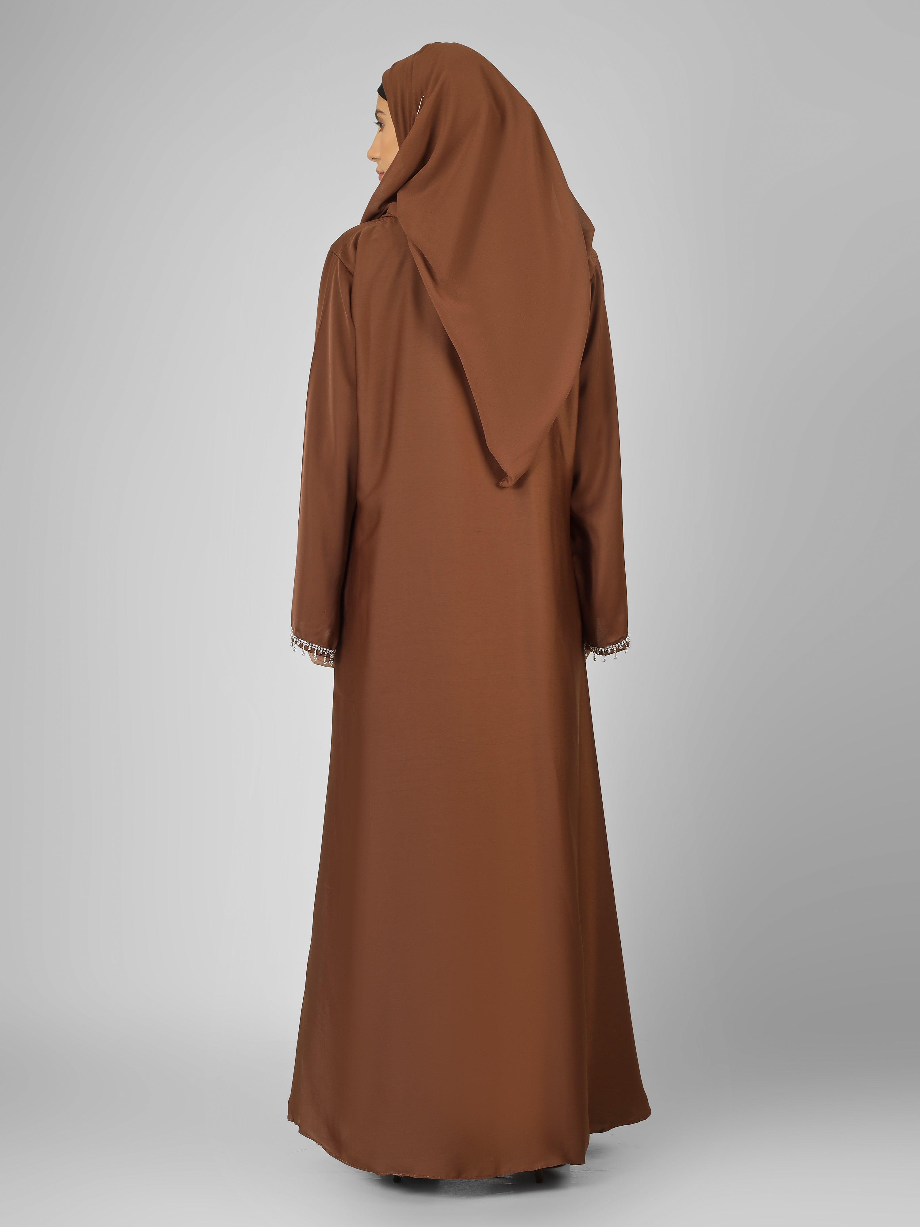 SAFFIA DOUBLE SHRUG LACE ABAYA | BROWN