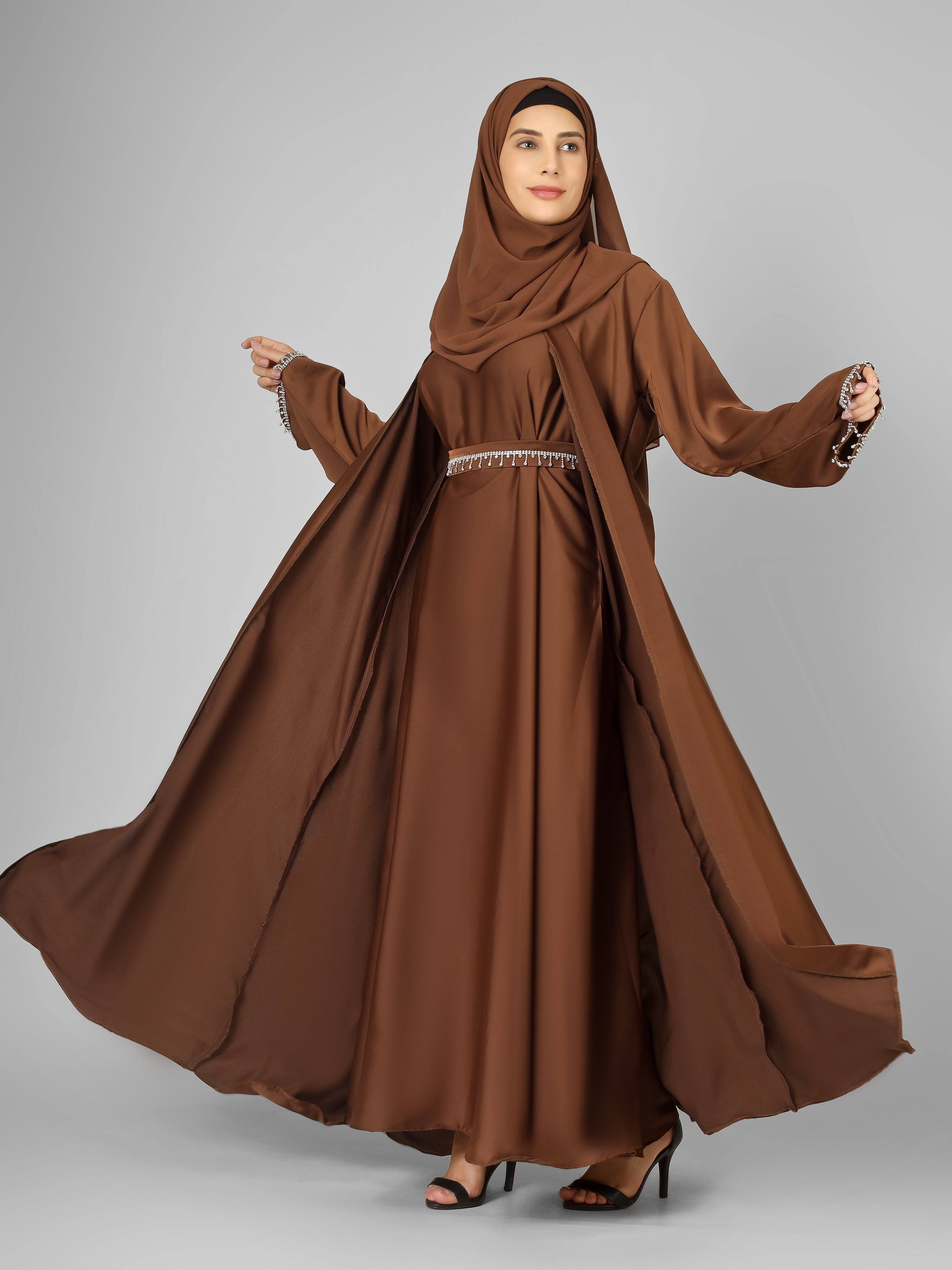 SAFFIA DOUBLE SHRUG LACE ABAYA | BROWN