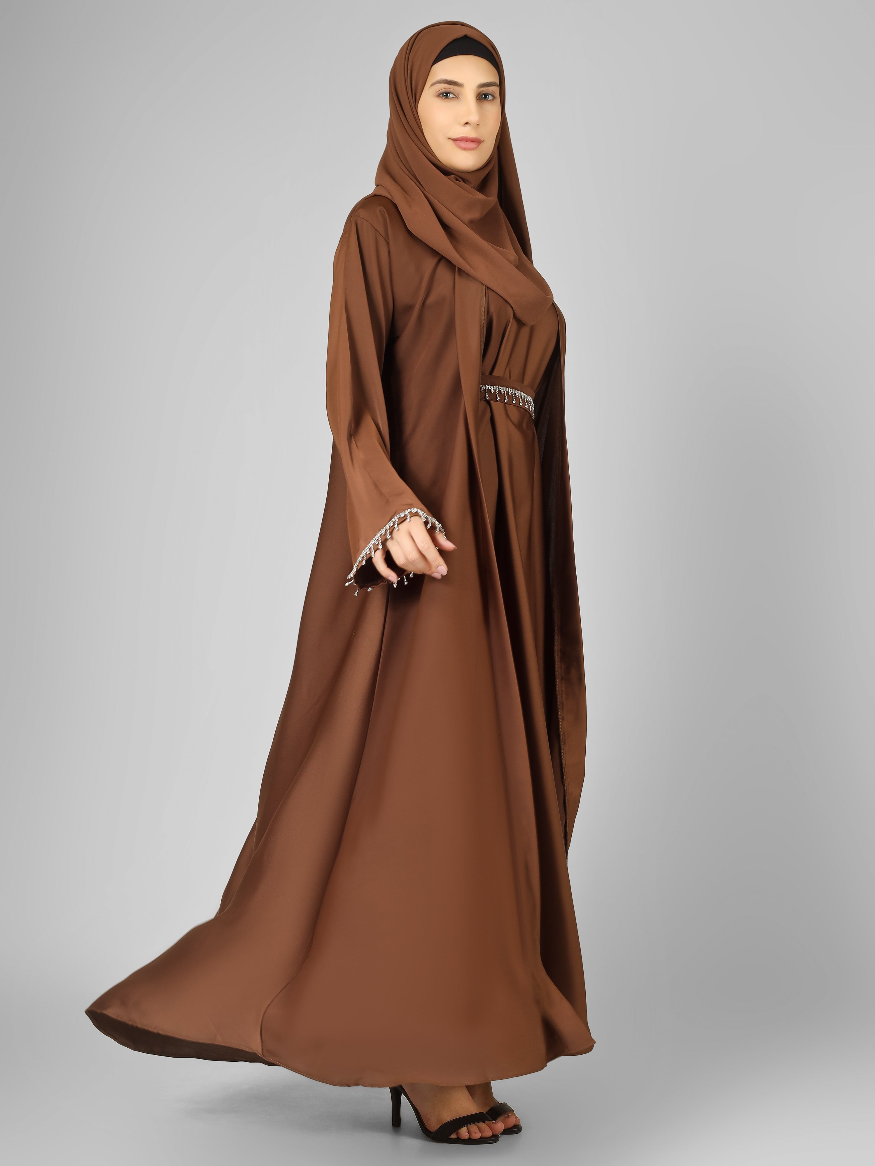 SAFFIA DOUBLE SHRUG LACE ABAYA | BROWN