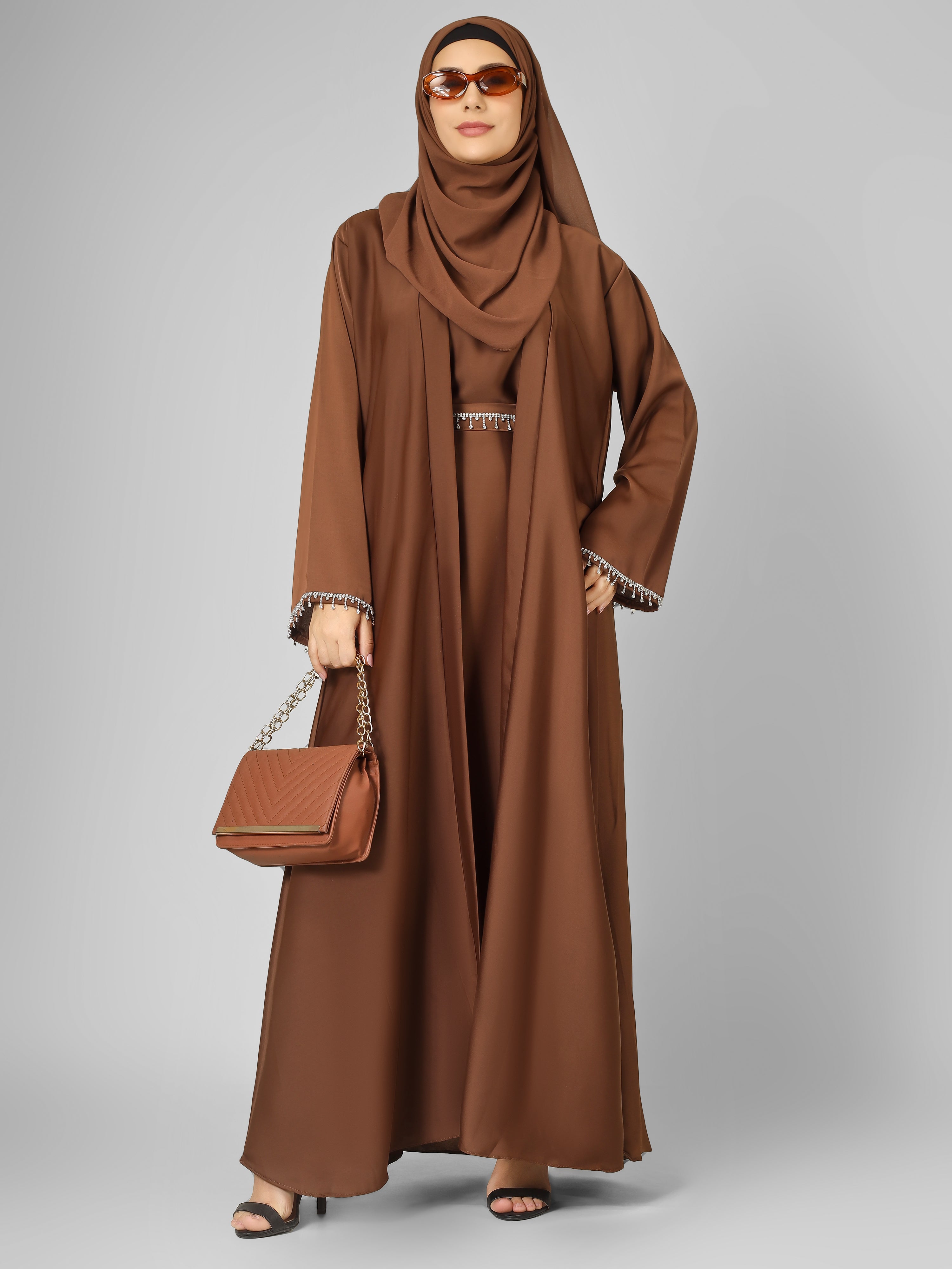 SAFFIA DOUBLE SHRUG LACE ABAYA | BROWN