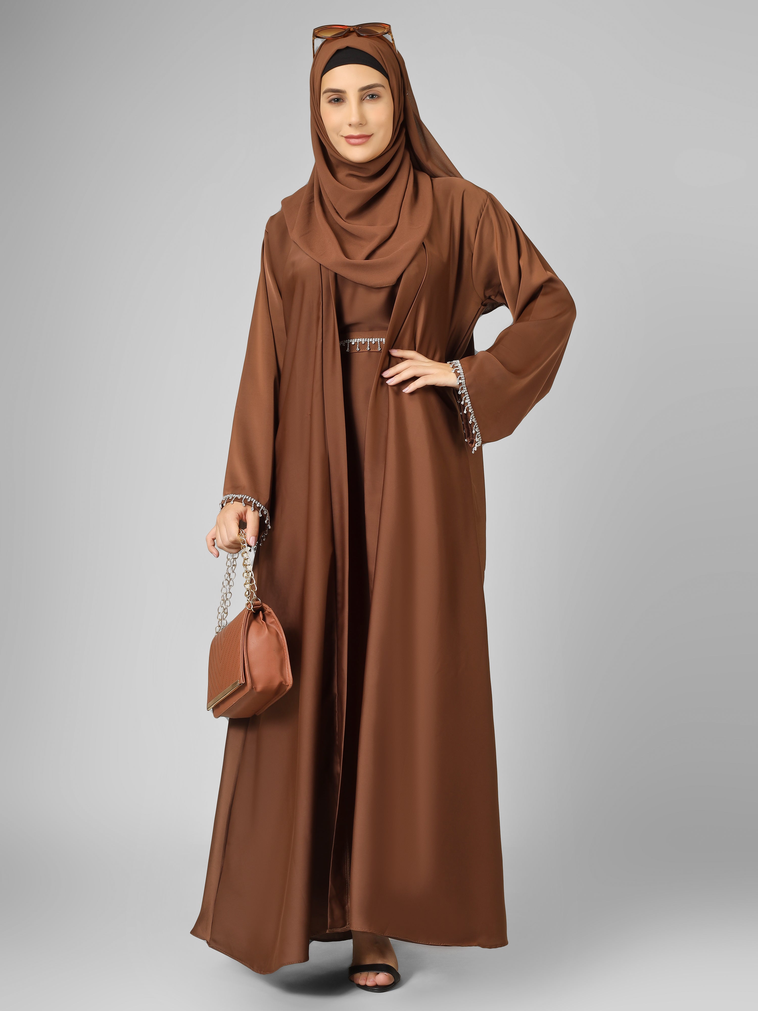 SAFFIA DOUBLE SHRUG LACE ABAYA | BROWN