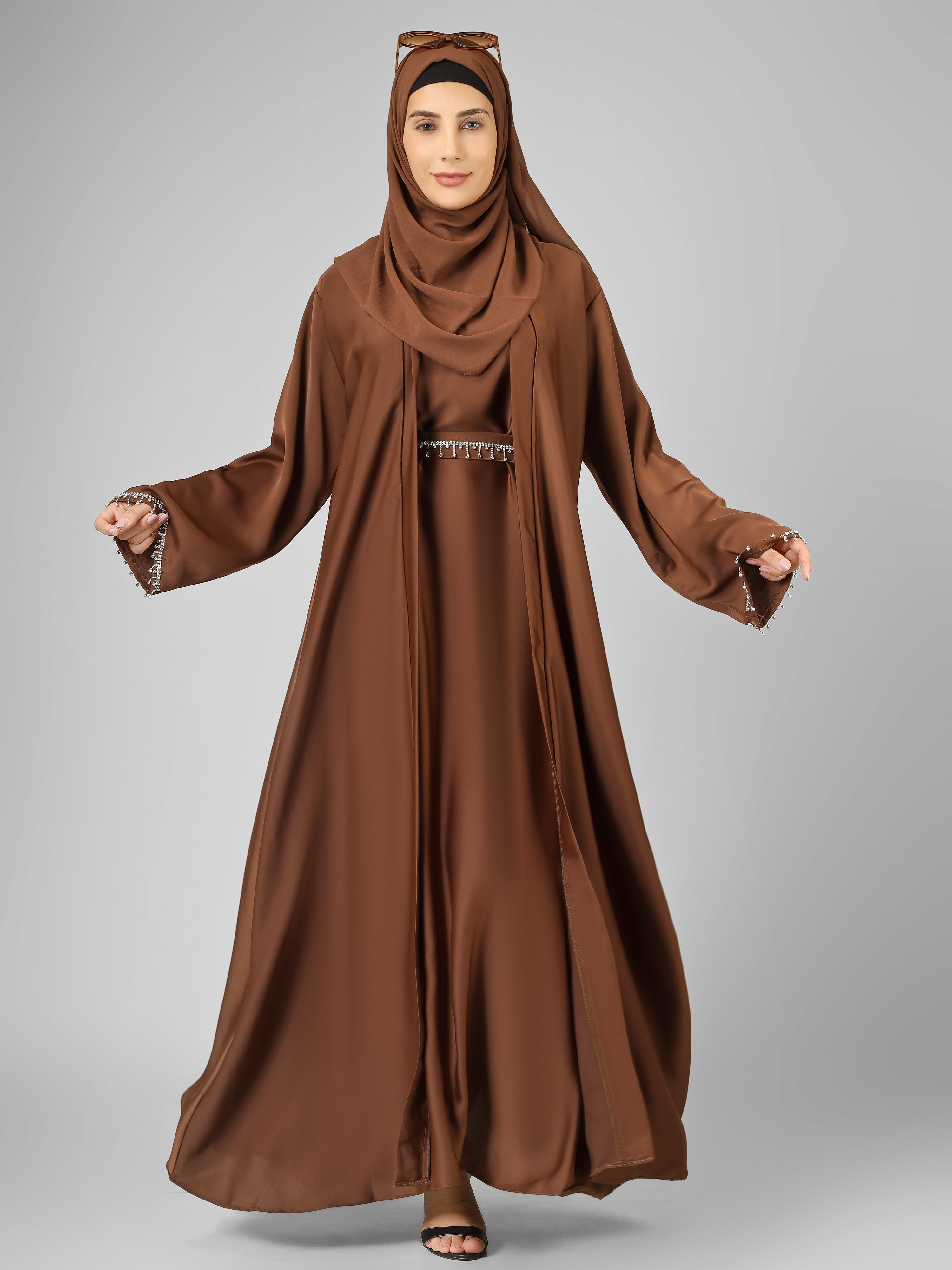 SAFFIA DOUBLE SHRUG LACE ABAYA | BROWN