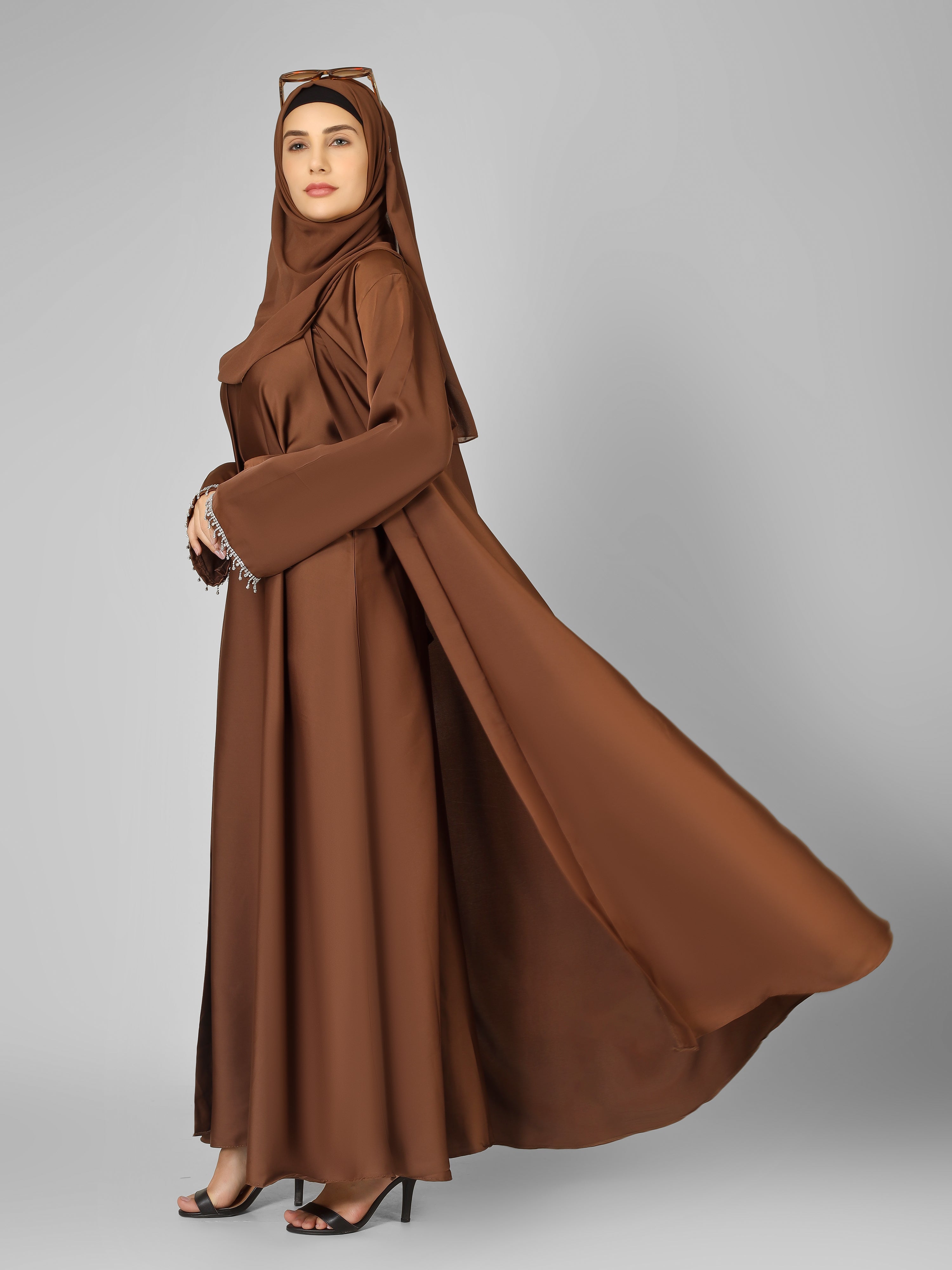 SAFFIA DOUBLE SHRUG LACE ABAYA | BROWN
