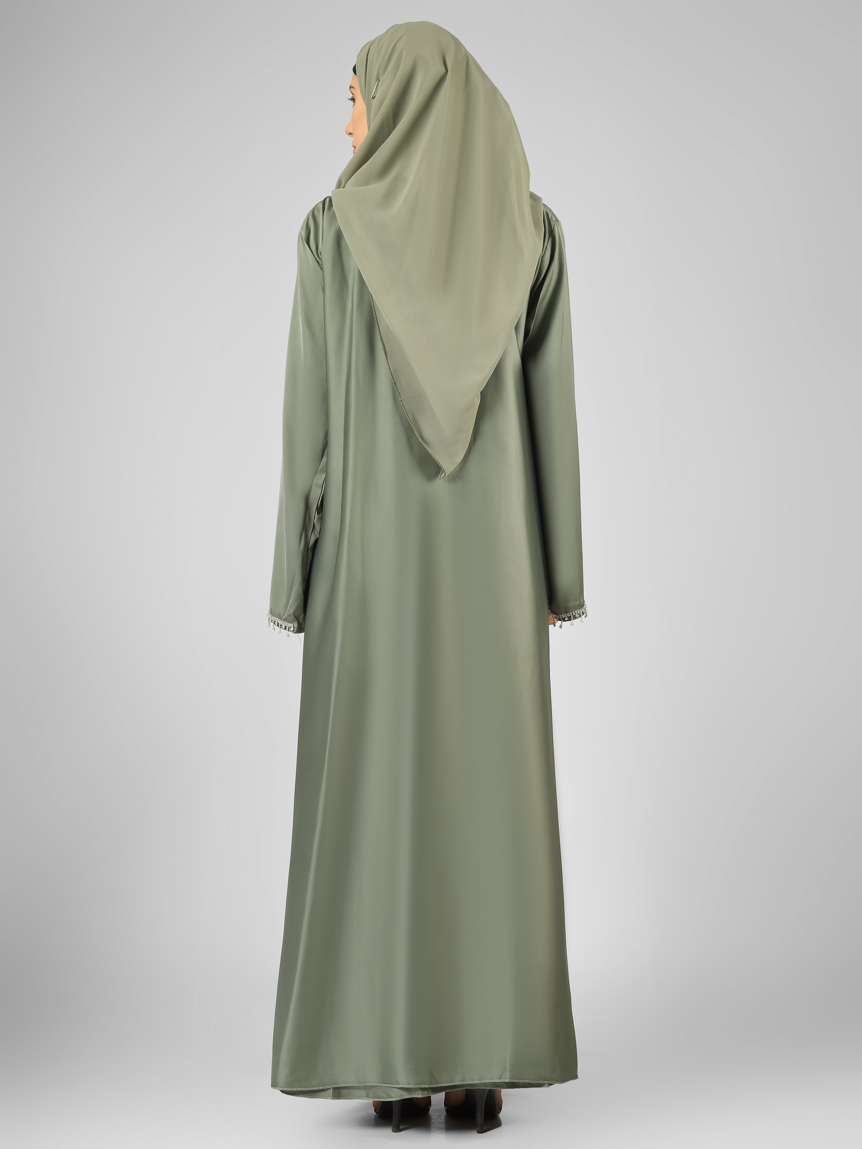 SAFFIA DOUBLE SHRUG LACE ABAYA | PISTA GREEN
