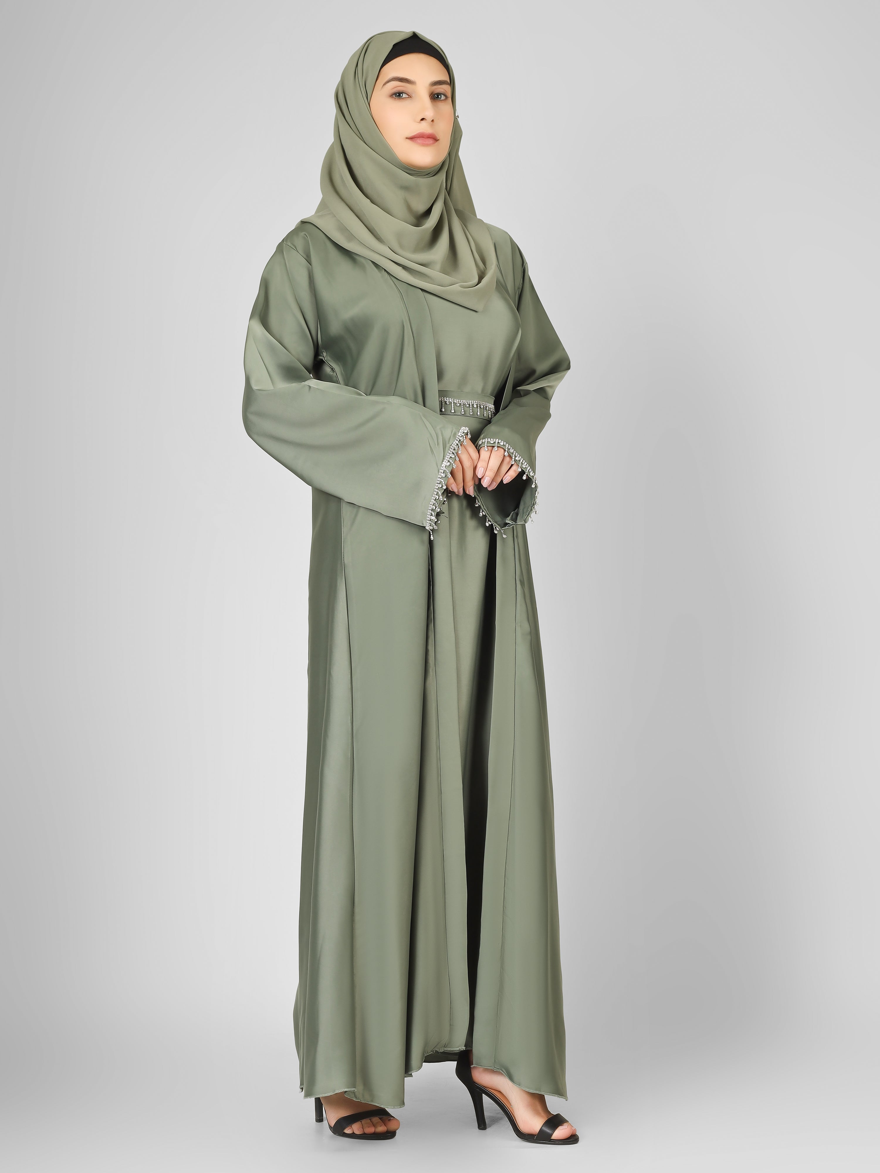 SAFFIA DOUBLE SHRUG LACE ABAYA | PISTA GREEN