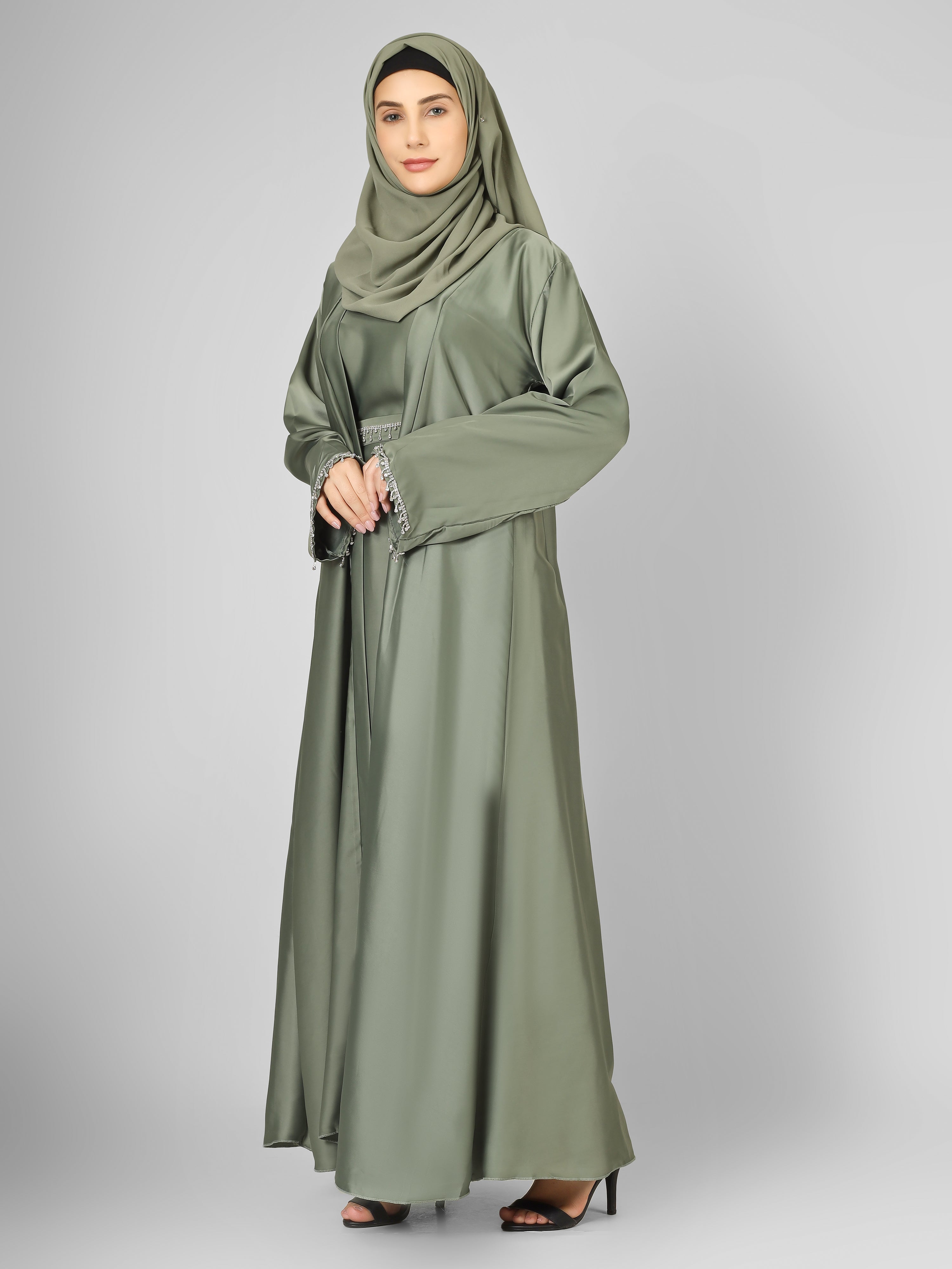 SAFFIA DOUBLE SHRUG LACE ABAYA | PISTA GREEN