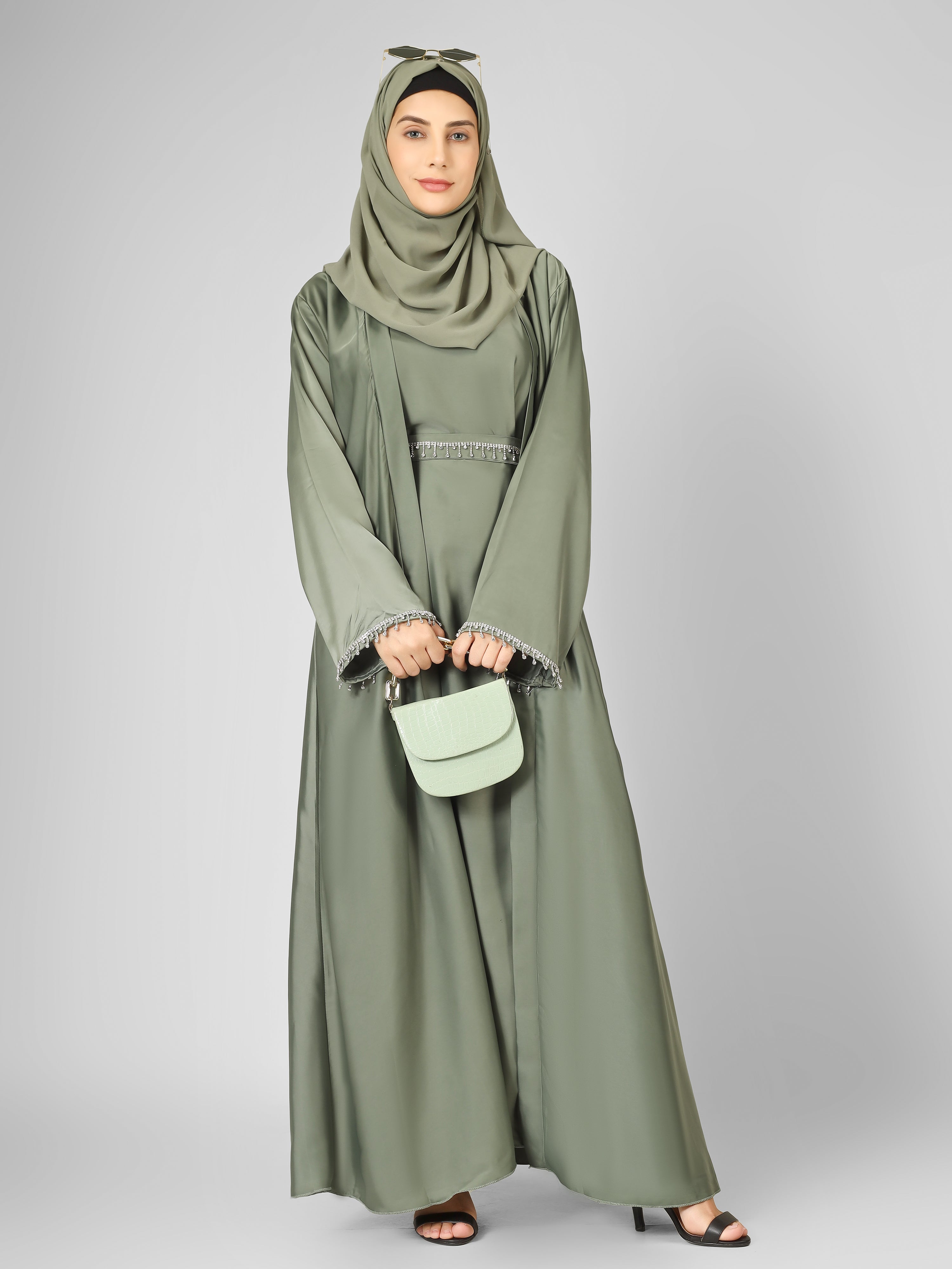 SAFFIA DOUBLE SHRUG LACE ABAYA | PISTA GREEN