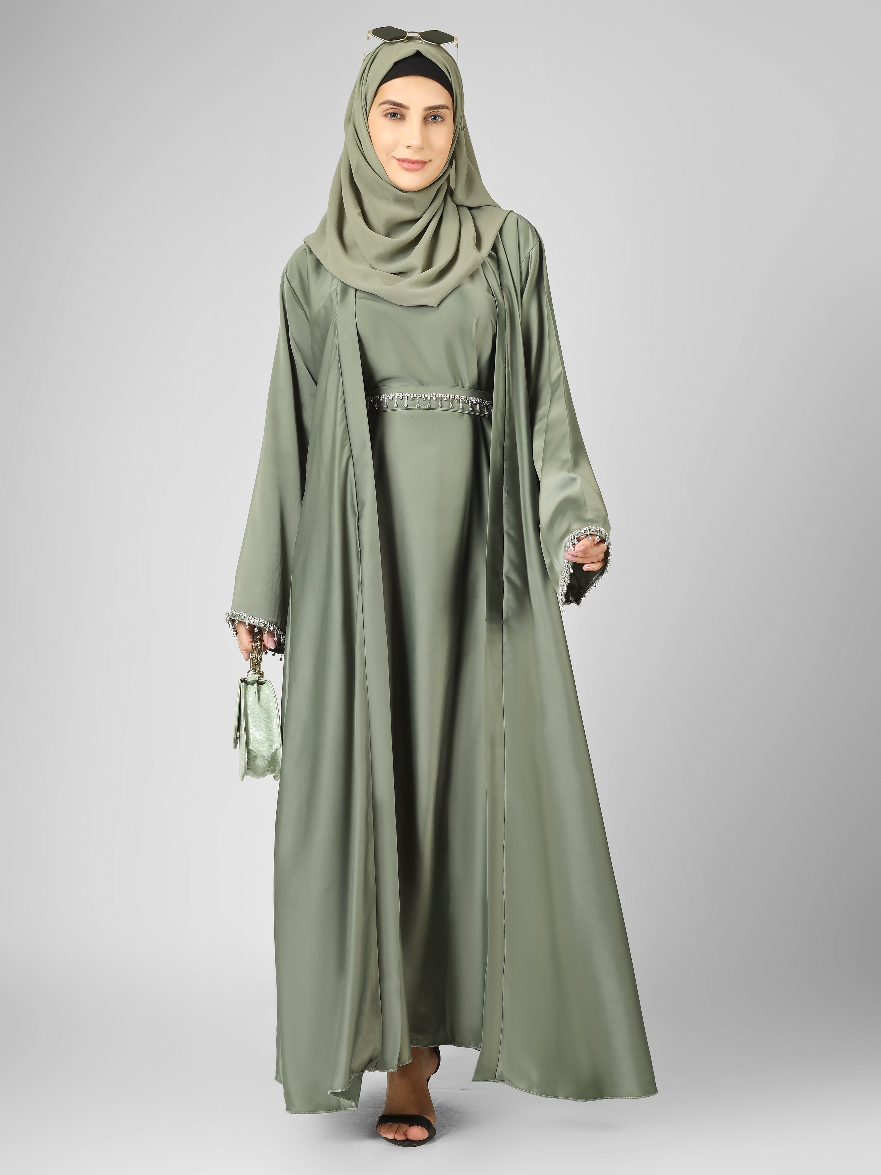SAFFIA DOUBLE SHRUG LACE ABAYA | PISTA GREEN