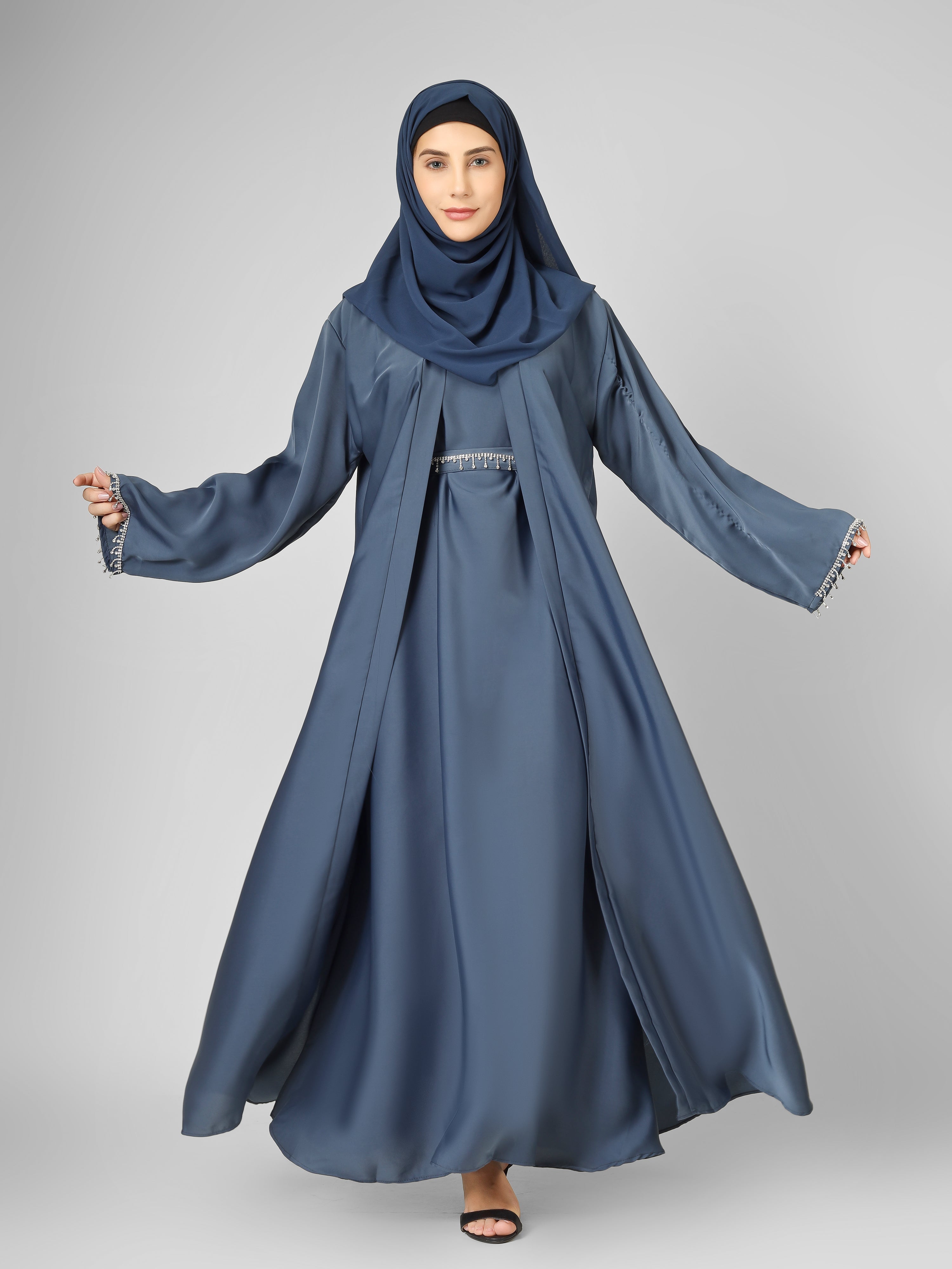 SAFFIA DOUBLE SHRUG LACE ABAYA | ASH GRAY