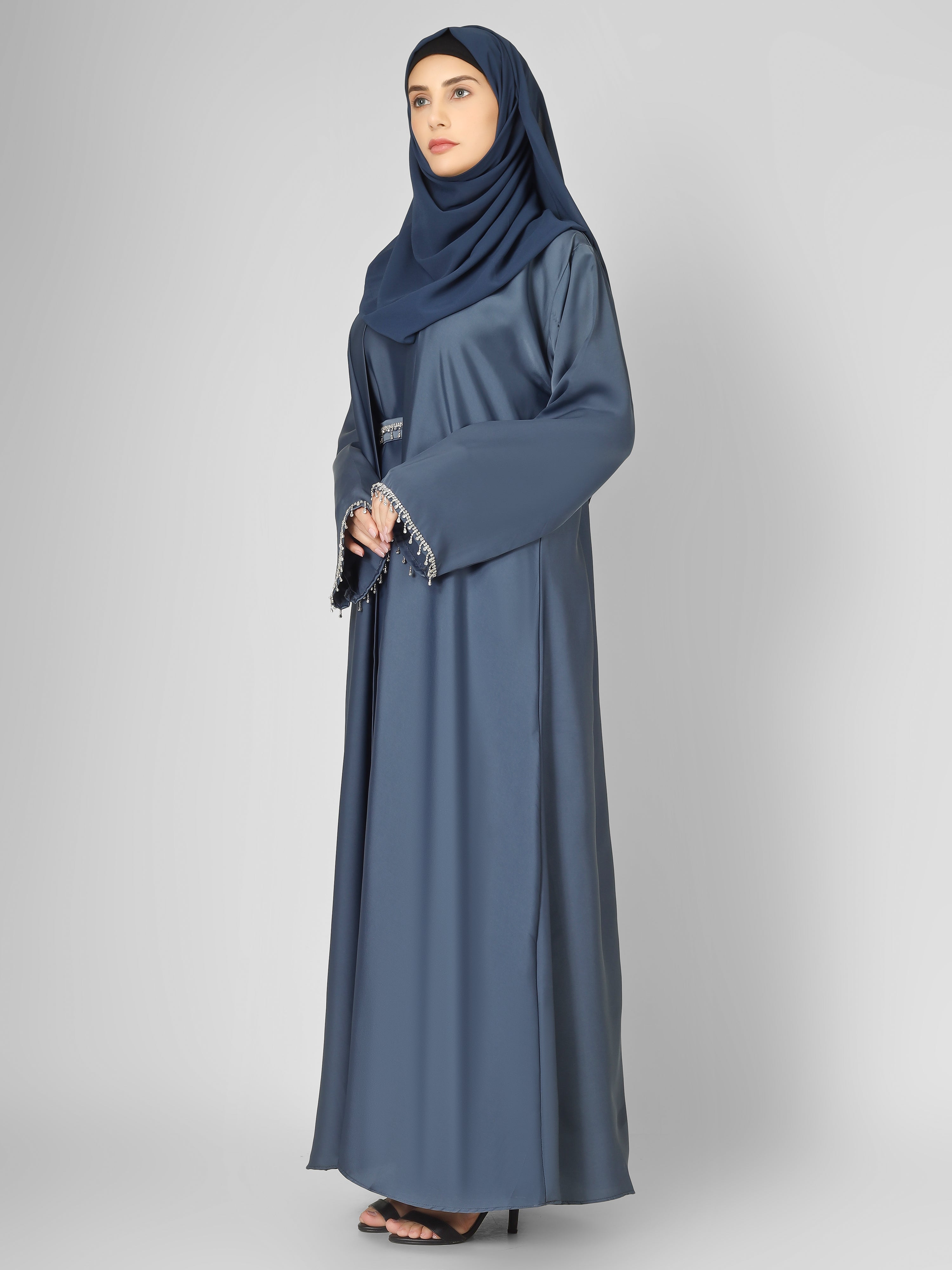 SAFFIA DOUBLE SHRUG LACE ABAYA | ASH GRAY