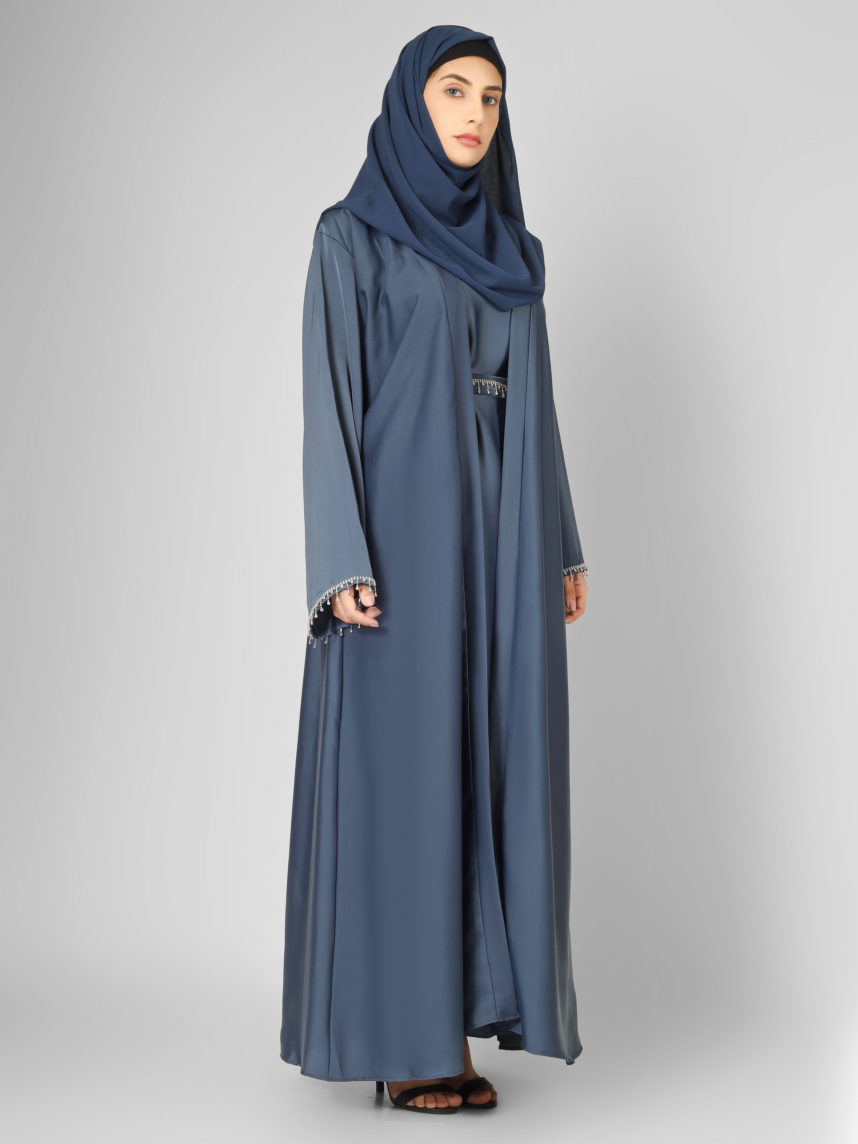 SAFFIA DOUBLE SHRUG LACE ABAYA | ASH GRAY
