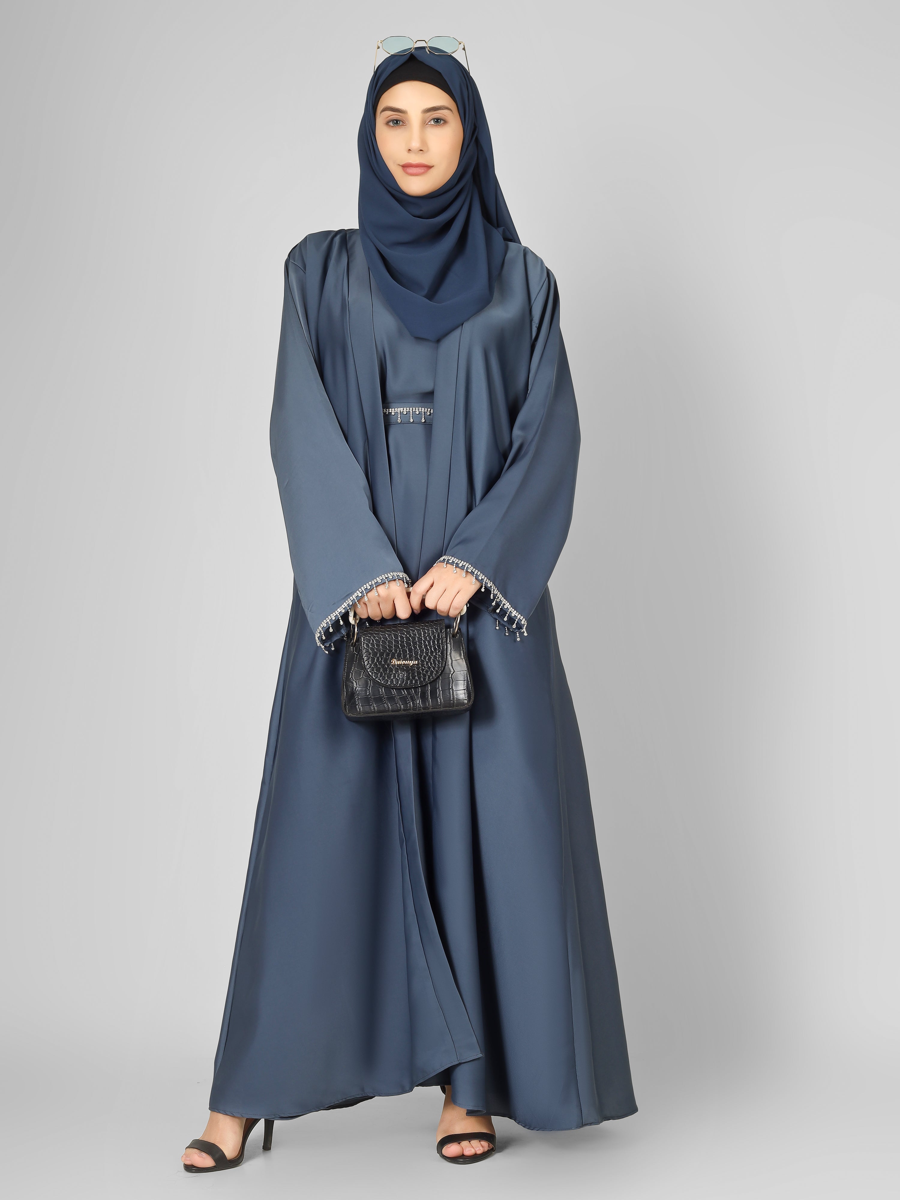 SAFFIA DOUBLE SHRUG LACE ABAYA | ASH GRAY