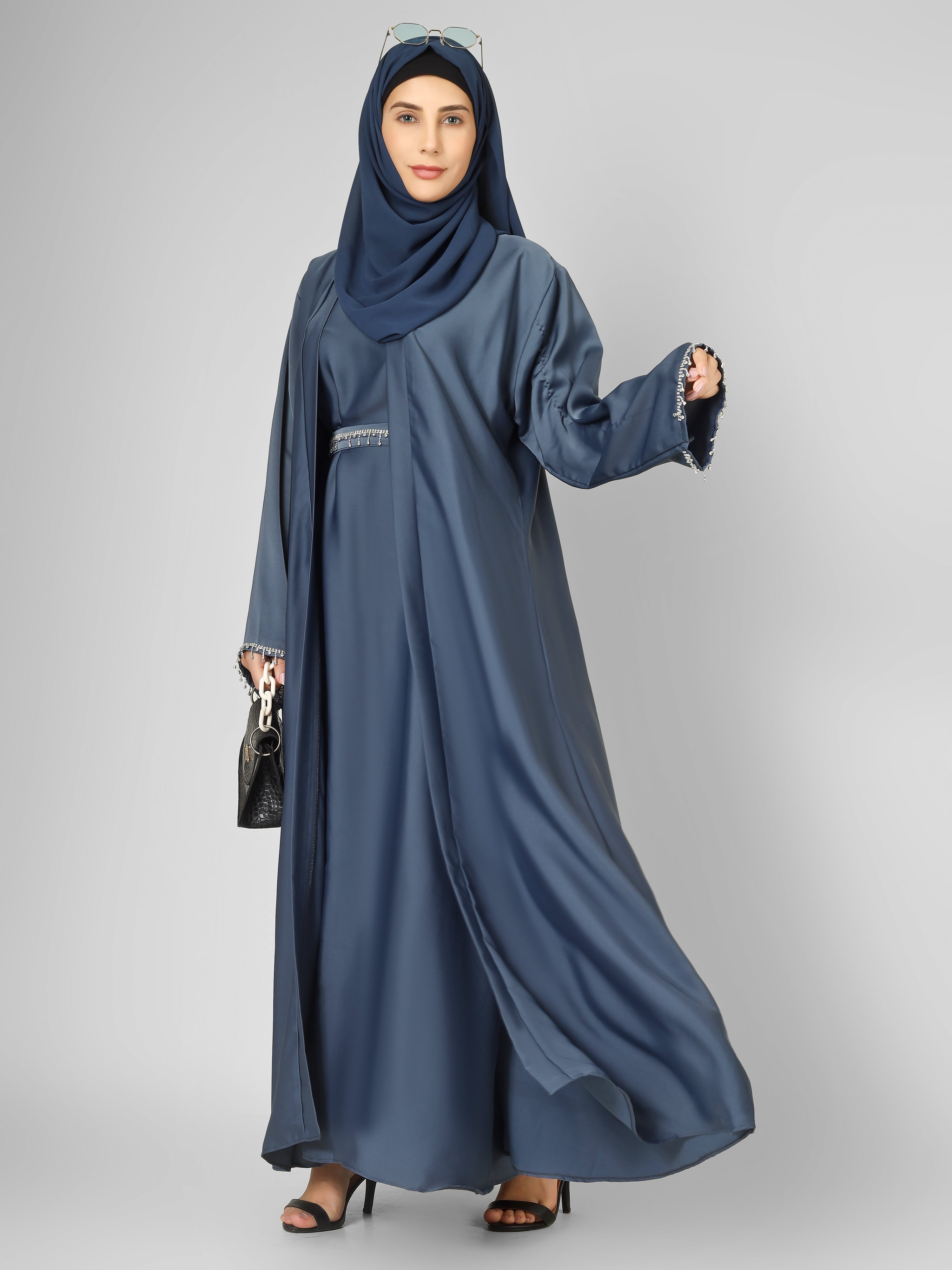 SAFFIA DOUBLE SHRUG LACE ABAYA | ASH GRAY