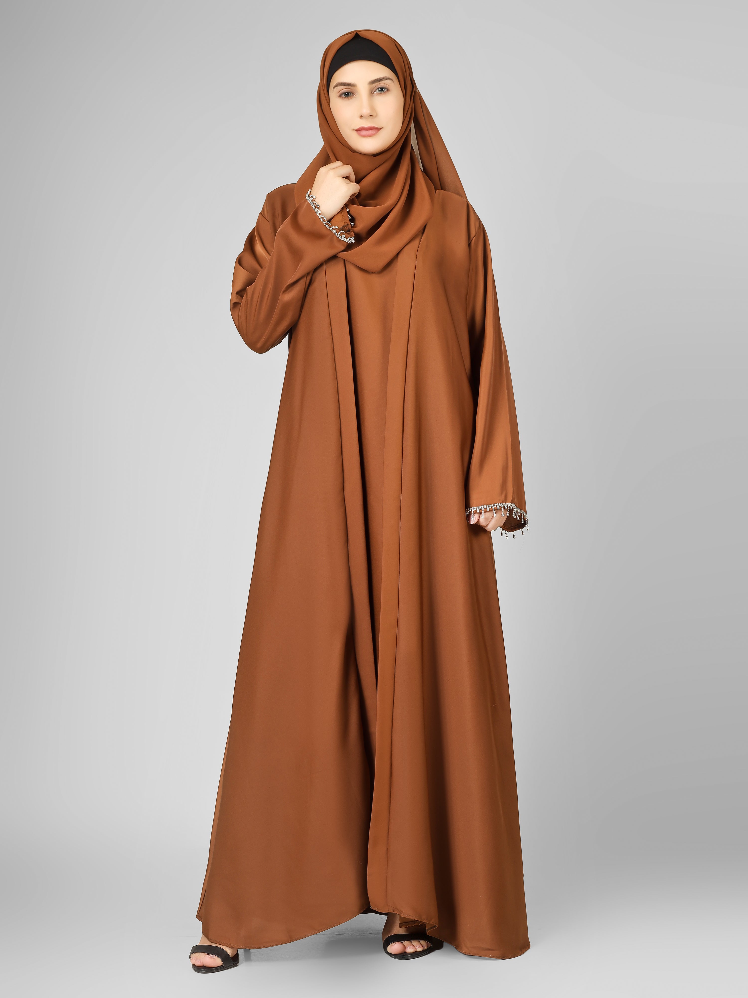 SAFFIA DOUBLE SHRUG LACE ABAYA | COPPER