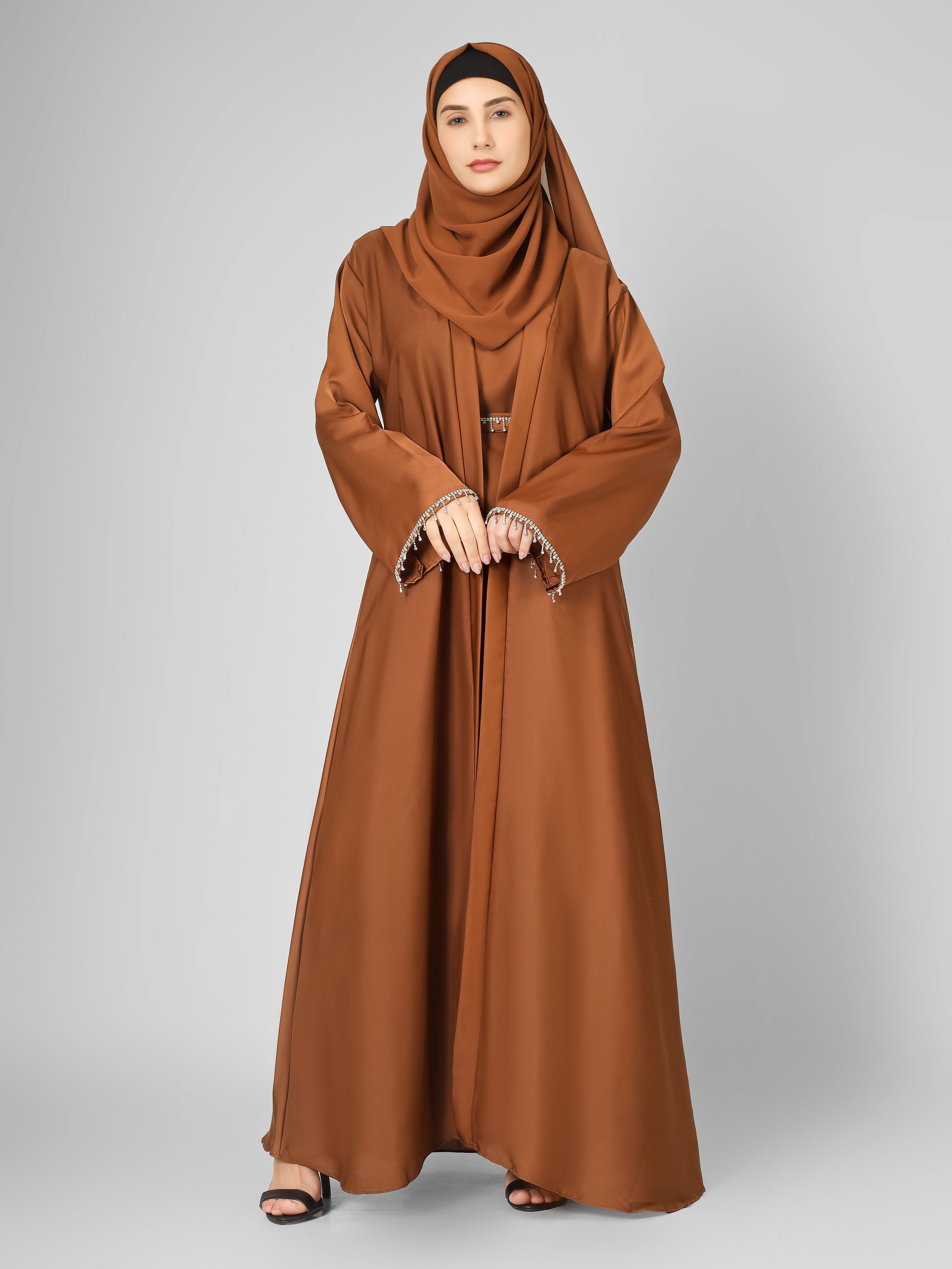 SAFFIA DOUBLE SHRUG LACE ABAYA | COPPER