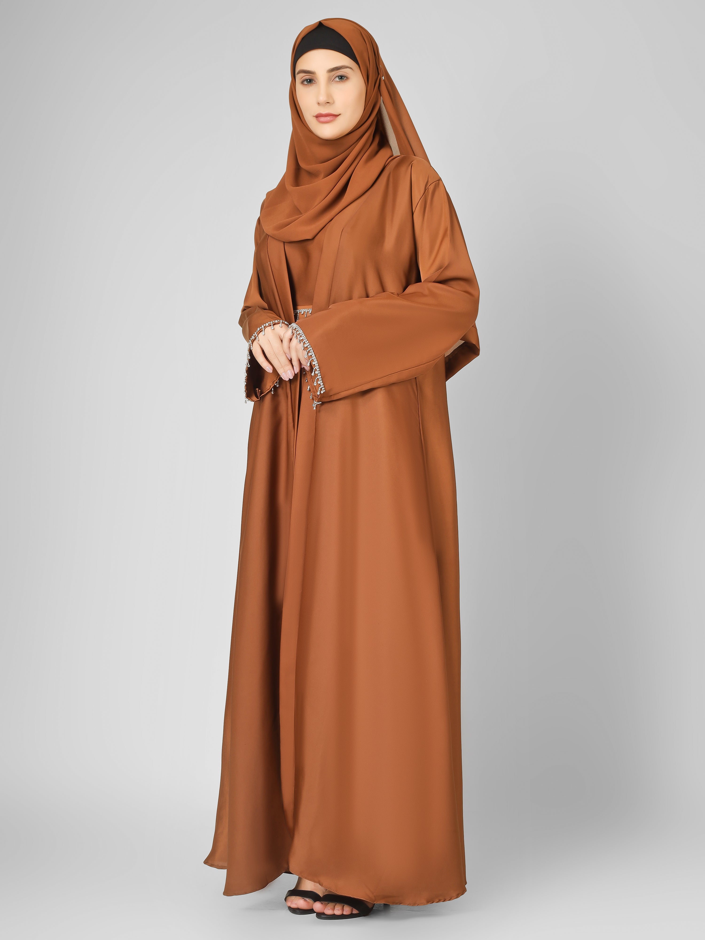 SAFFIA DOUBLE SHRUG LACE ABAYA | COPPER