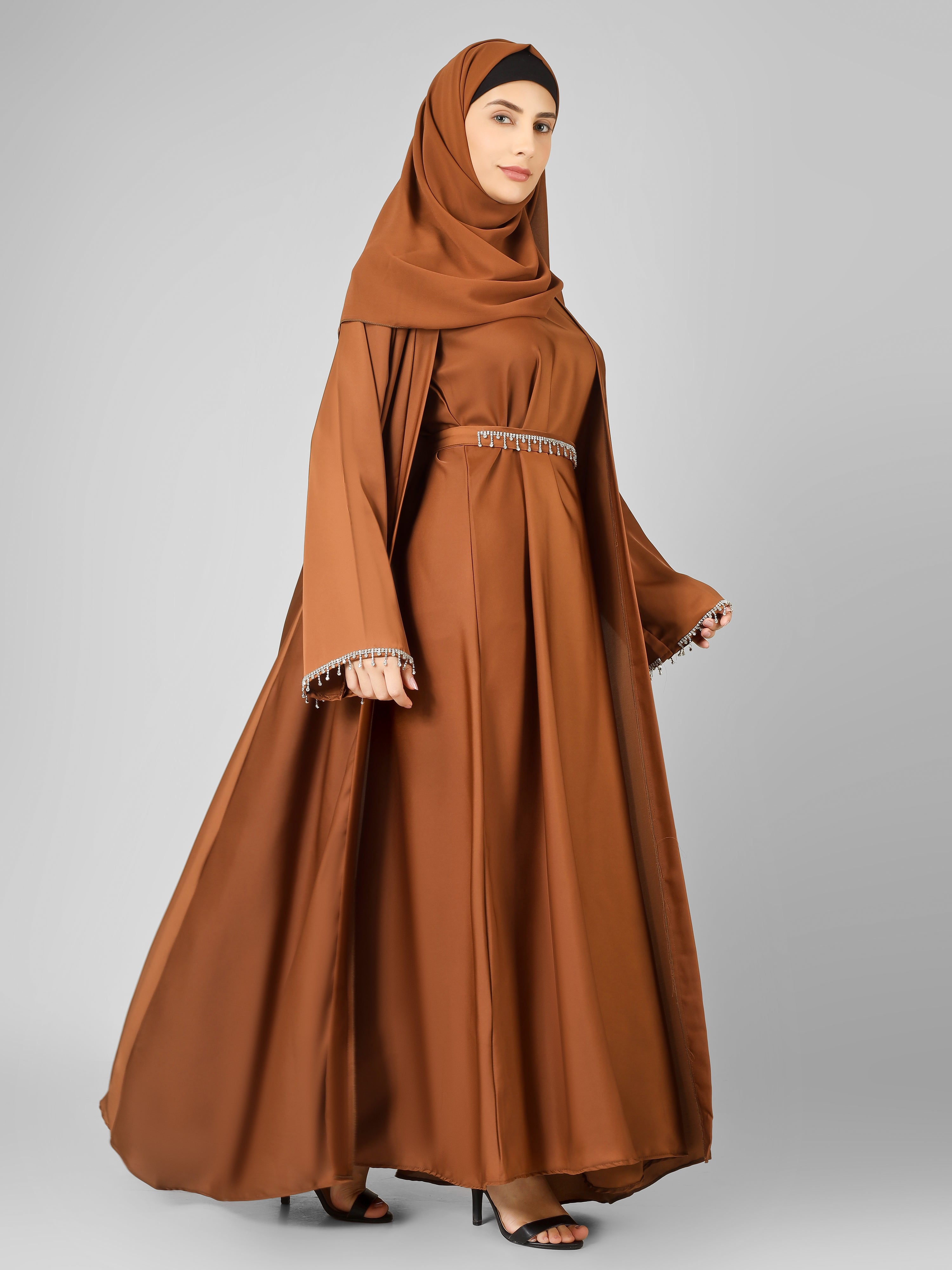 SAFFIA DOUBLE SHRUG LACE ABAYA | COPPER