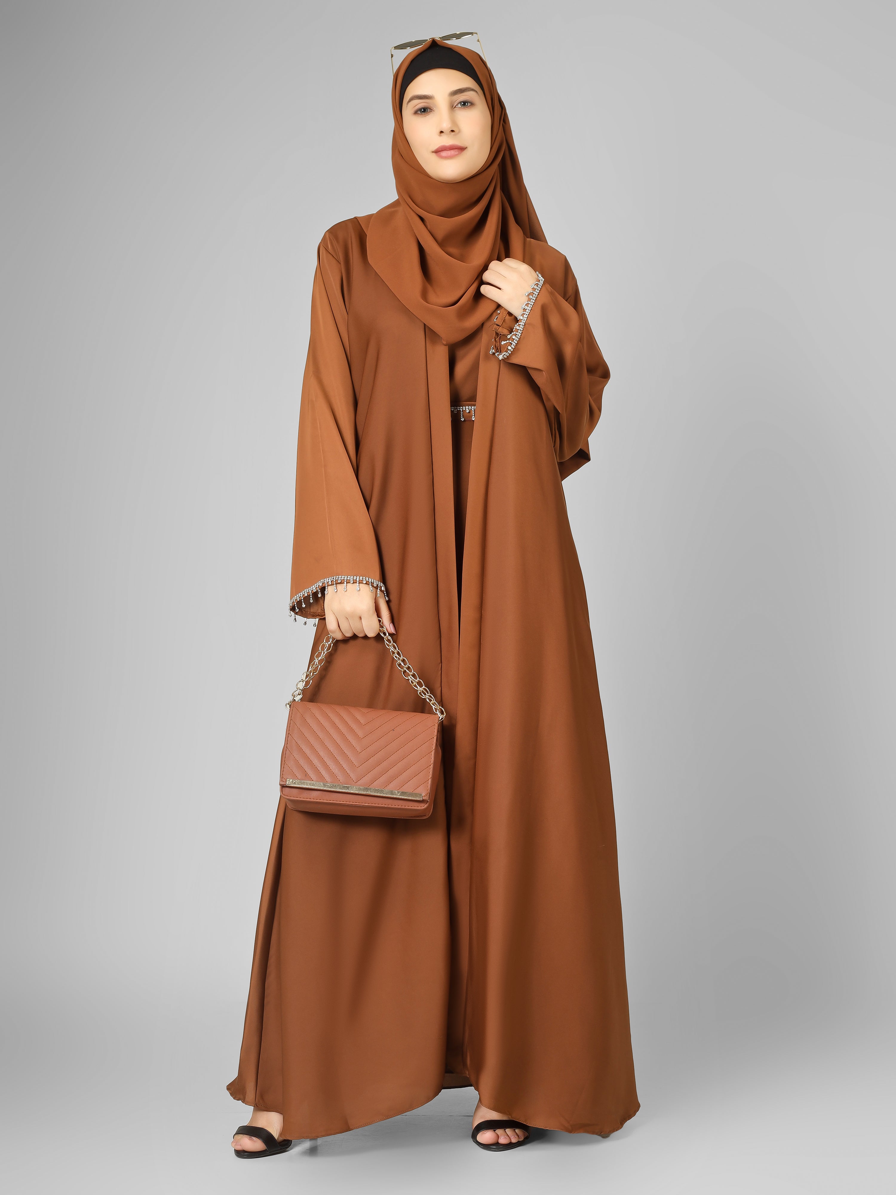 SAFFIA DOUBLE SHRUG LACE ABAYA | COPPER