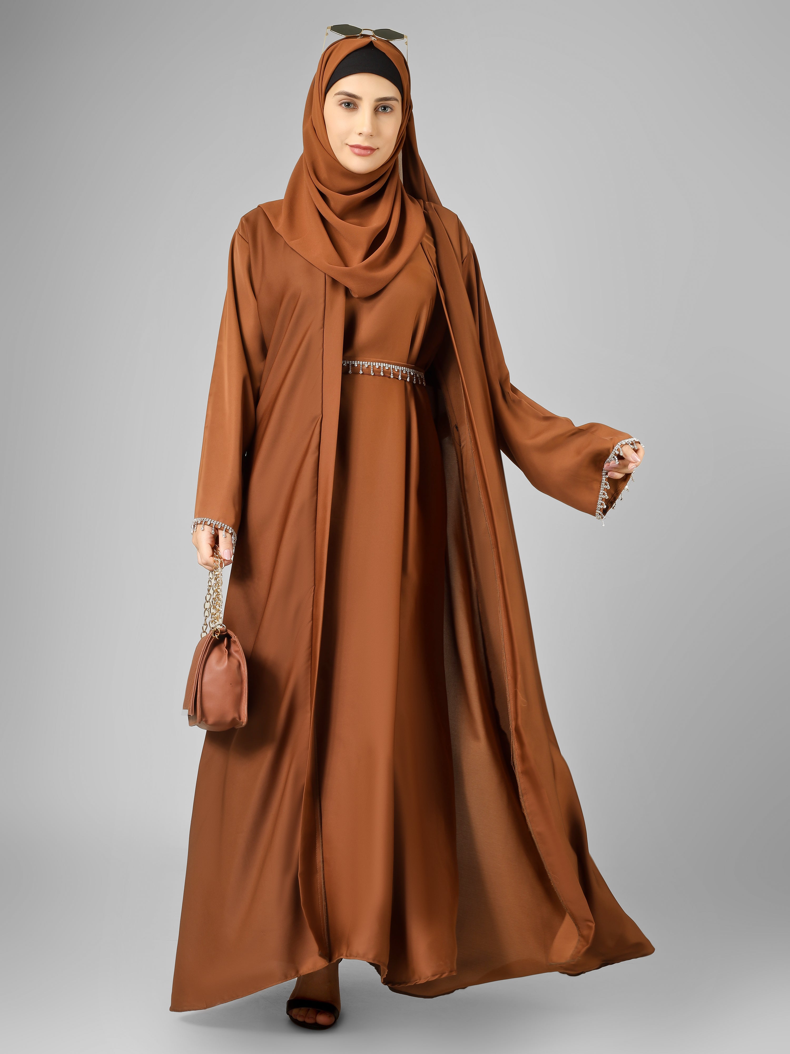 SAFFIA DOUBLE SHRUG LACE ABAYA | COPPER