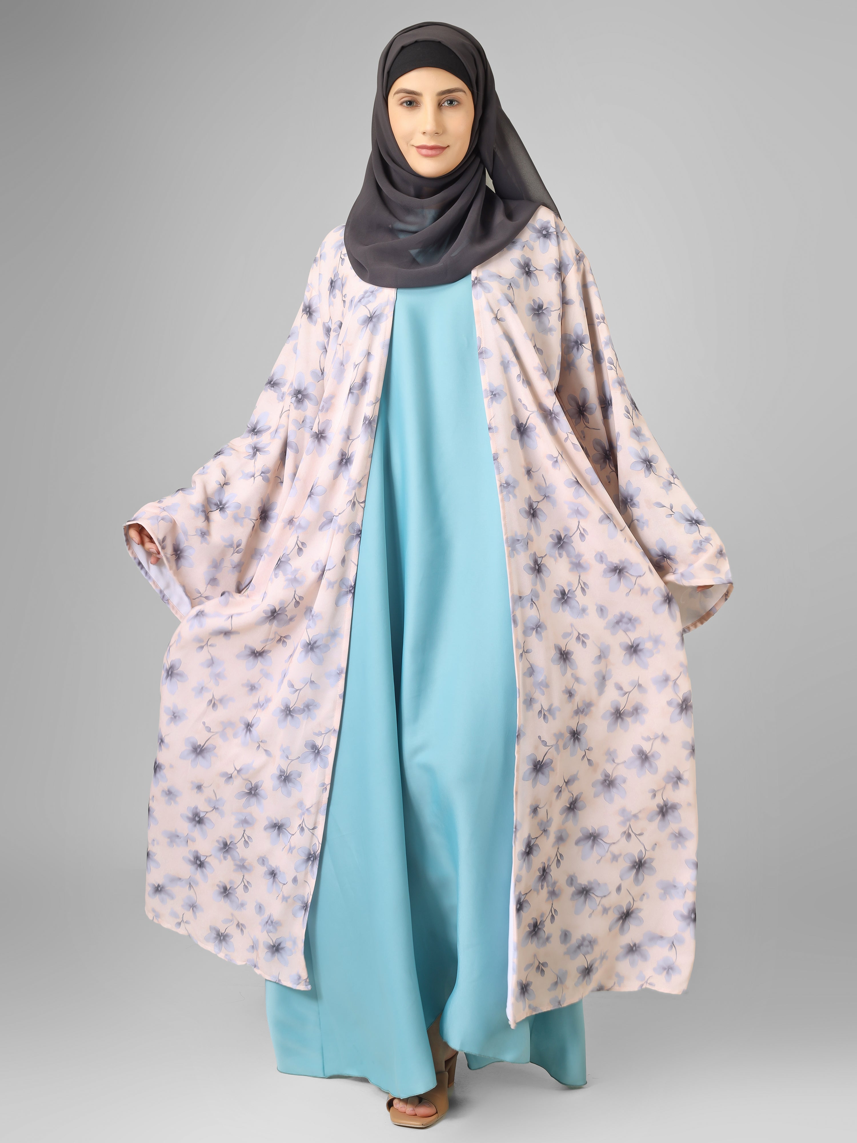 SADAF DOUBLE SHRUG ABAYA | SKY BLUE