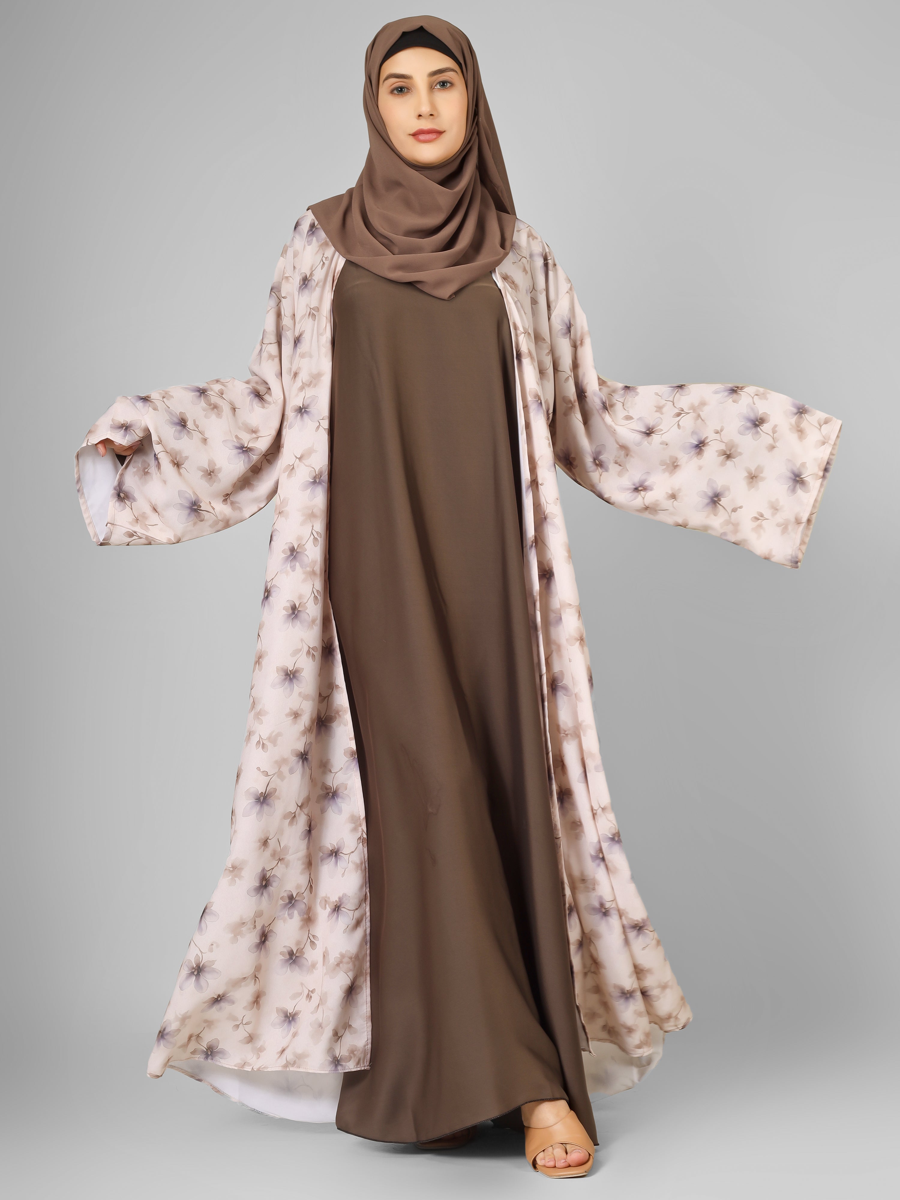 SADAF DOUBLE SHRUG ABAYA | COFFEE