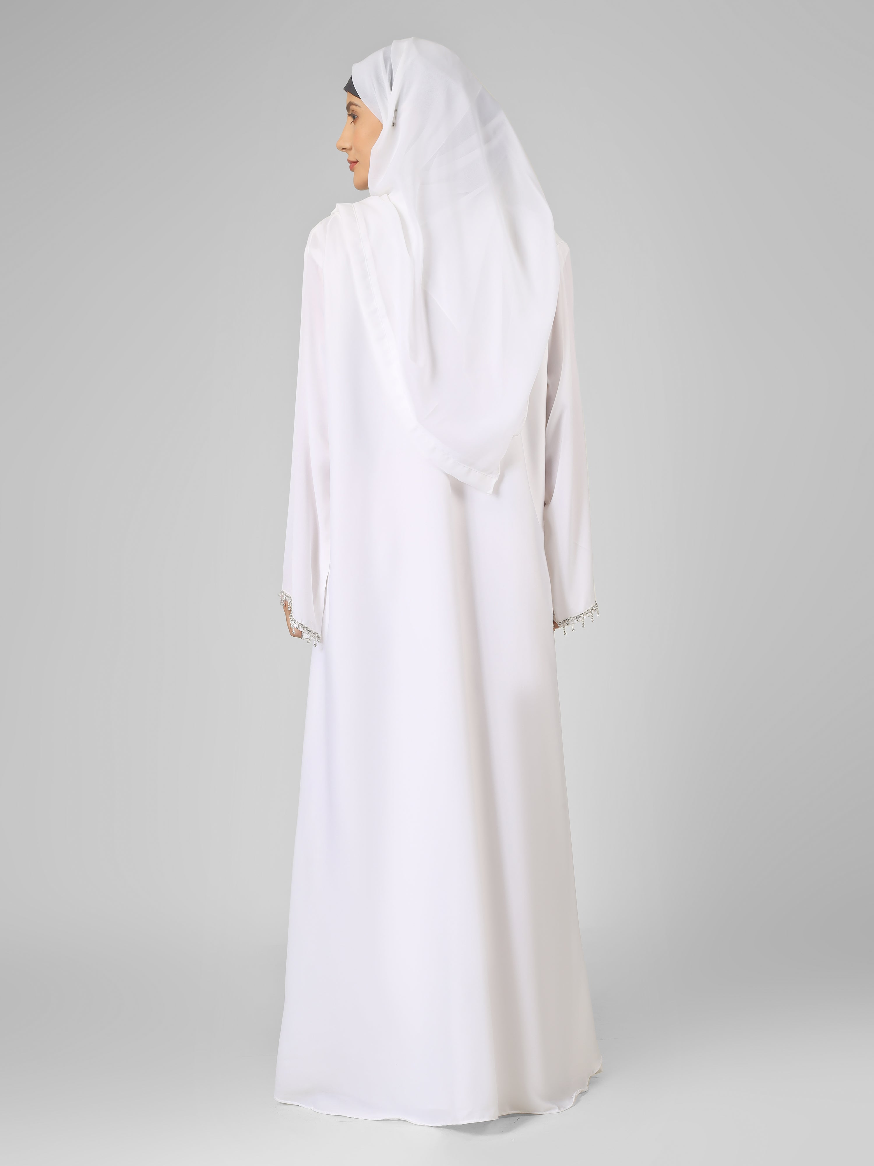 SAFFIA DOUBLE SHRUG LACE ABAYA | WHITE