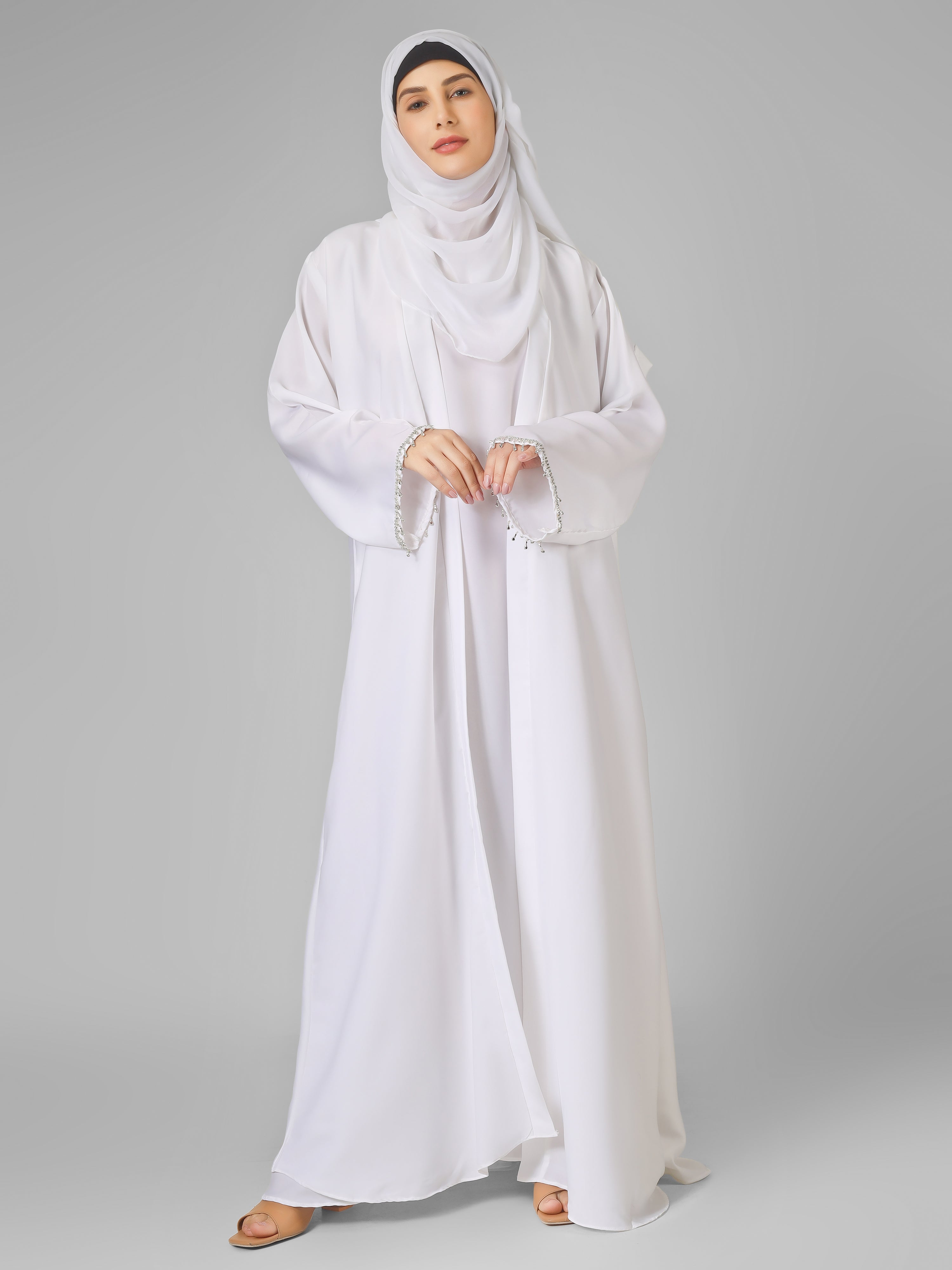 SAFFIA DOUBLE SHRUG LACE ABAYA | WHITE