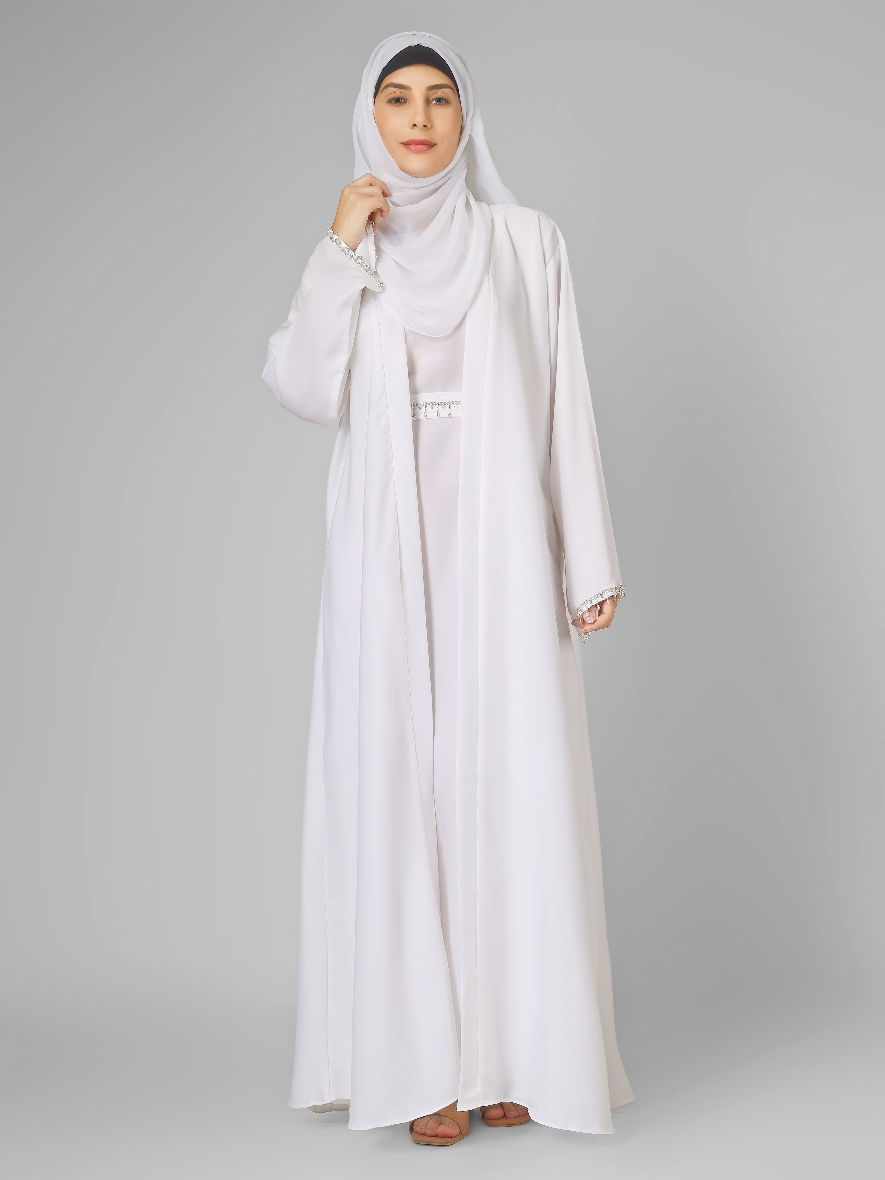 SAFFIA DOUBLE SHRUG LACE ABAYA | WHITE