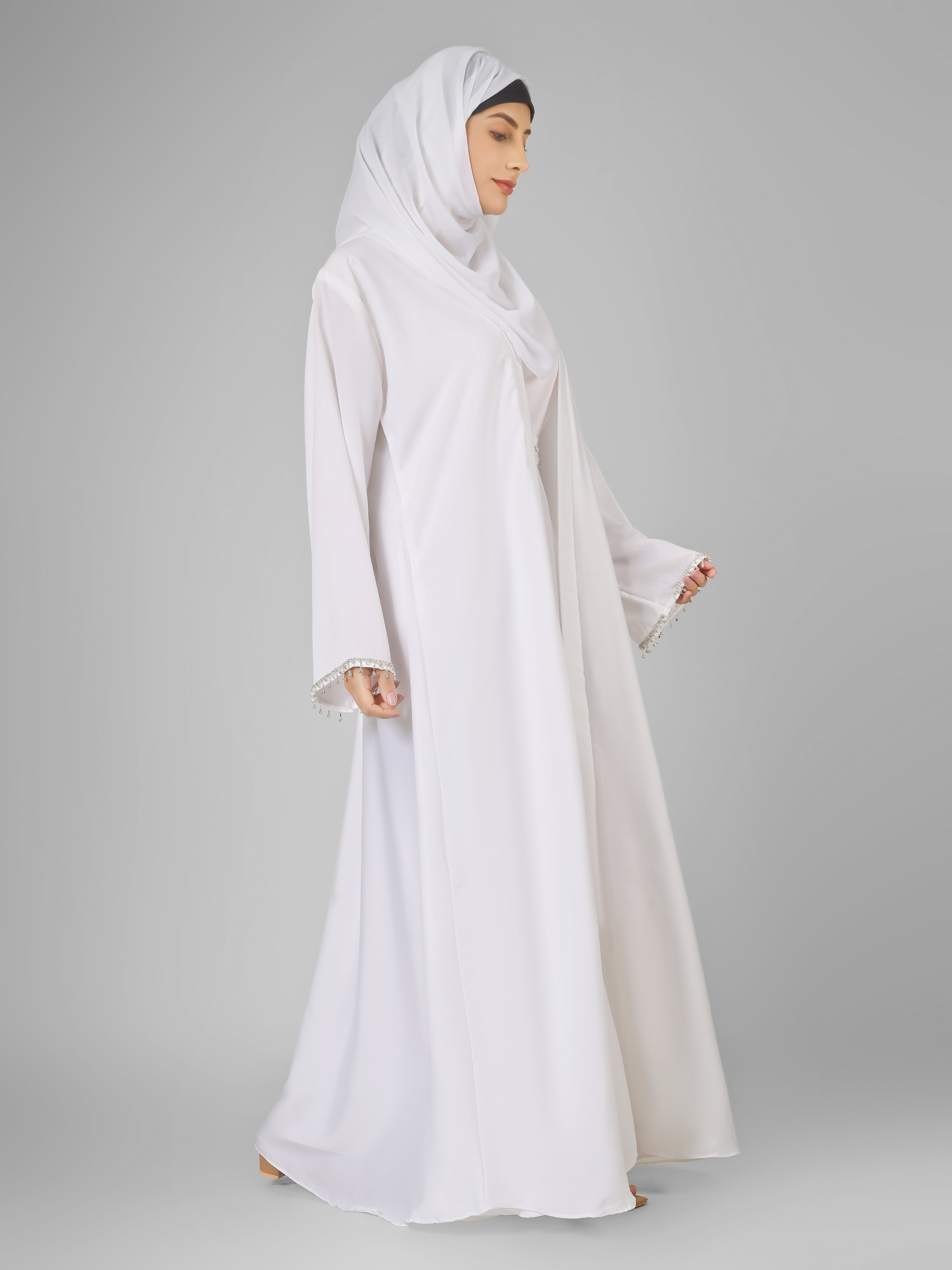 SAFFIA DOUBLE SHRUG LACE ABAYA | WHITE