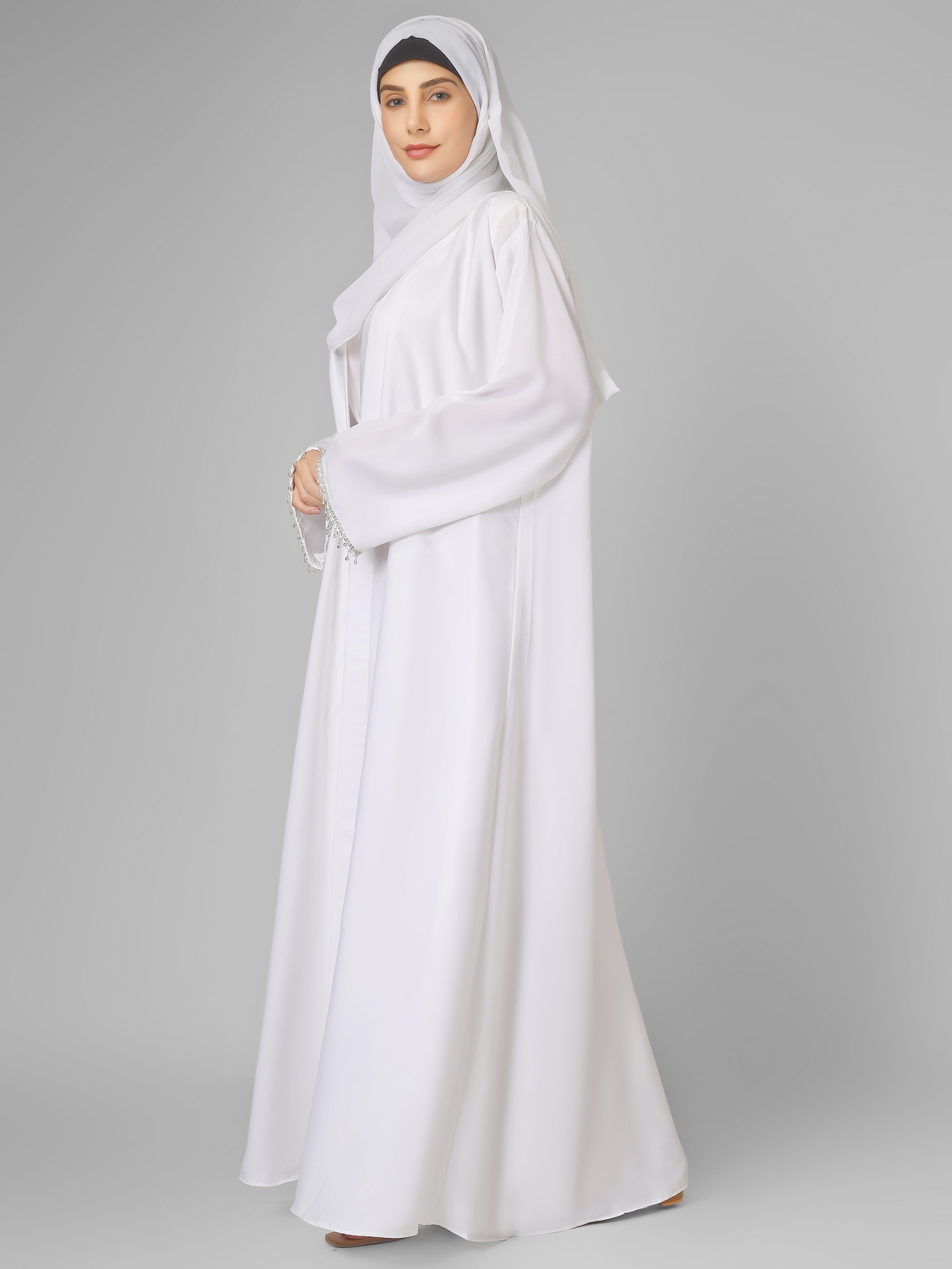 SAFFIA DOUBLE SHRUG LACE ABAYA | WHITE