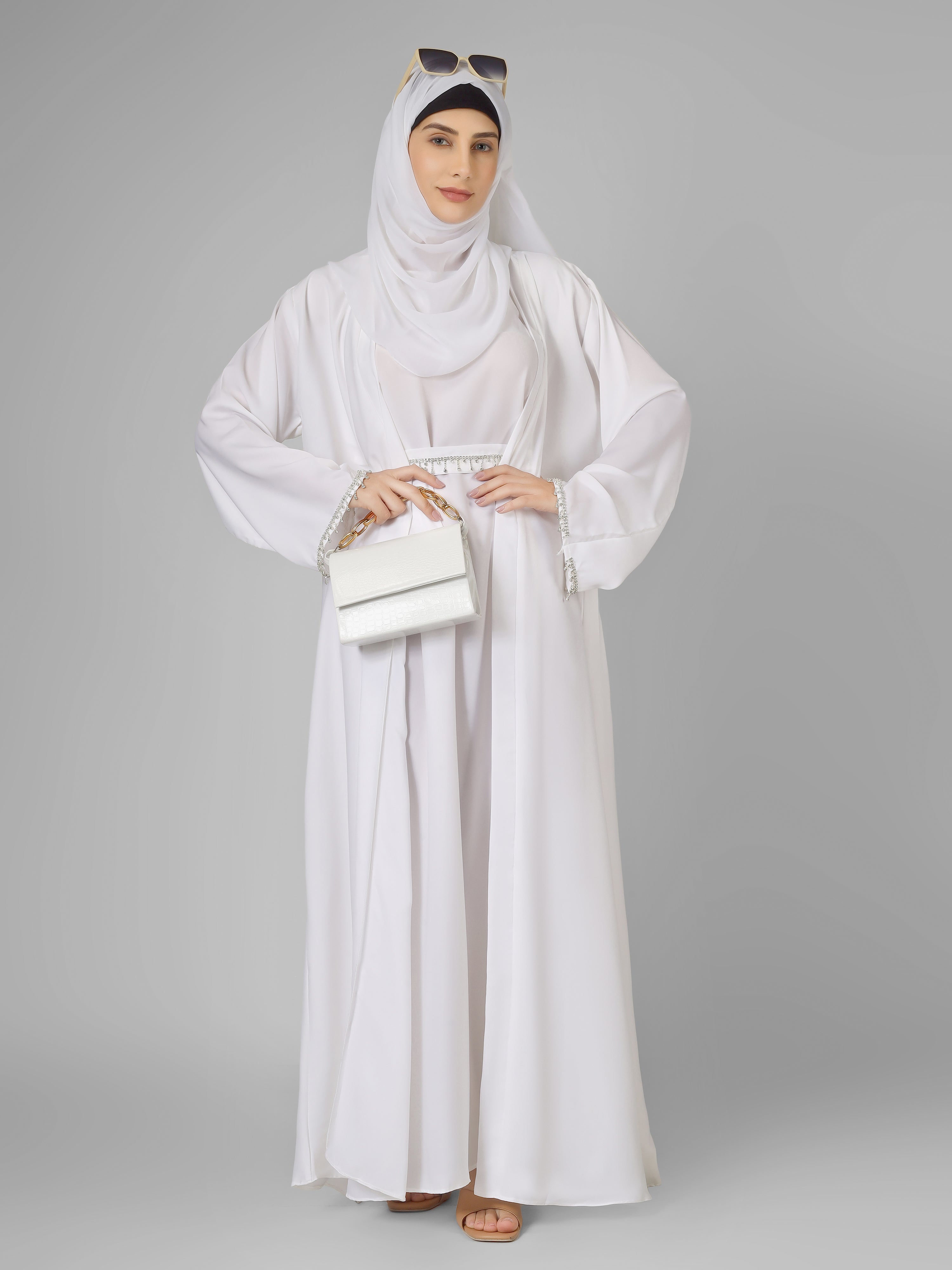 SAFFIA DOUBLE SHRUG LACE ABAYA | WHITE