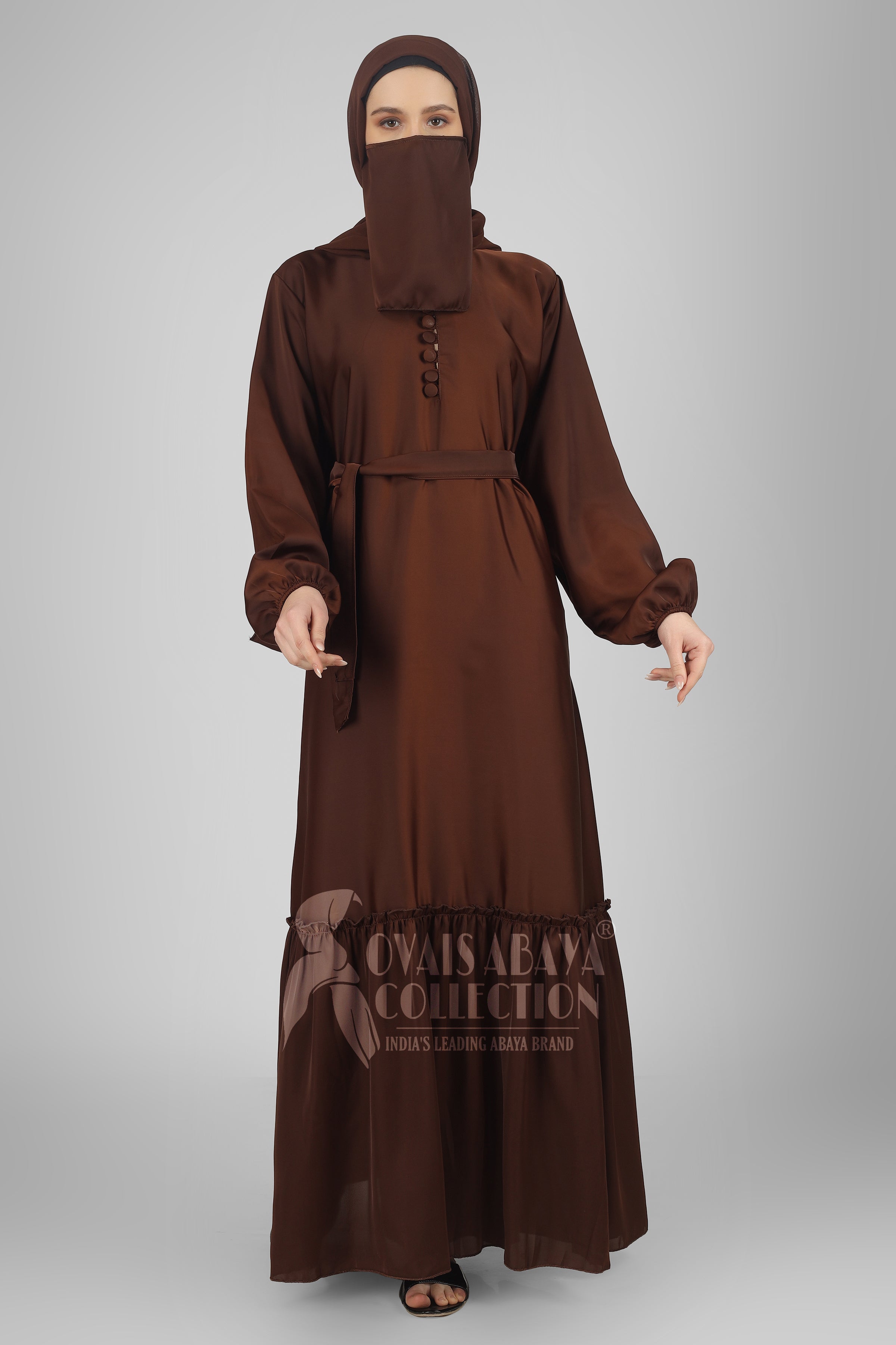 ALINA PLEATED FRILL ABAYA | BROWN