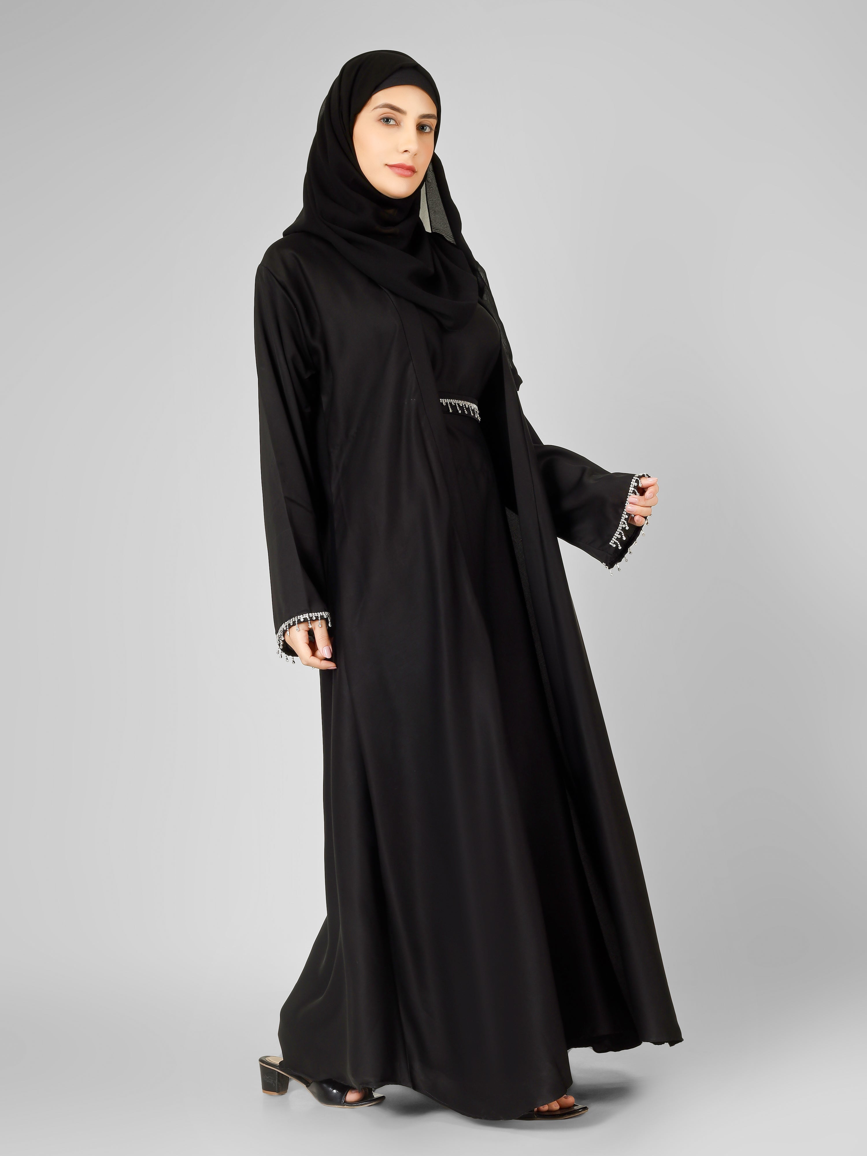 SAFFIA DOUBLE SHRUG LACE ABAYA | BLACK