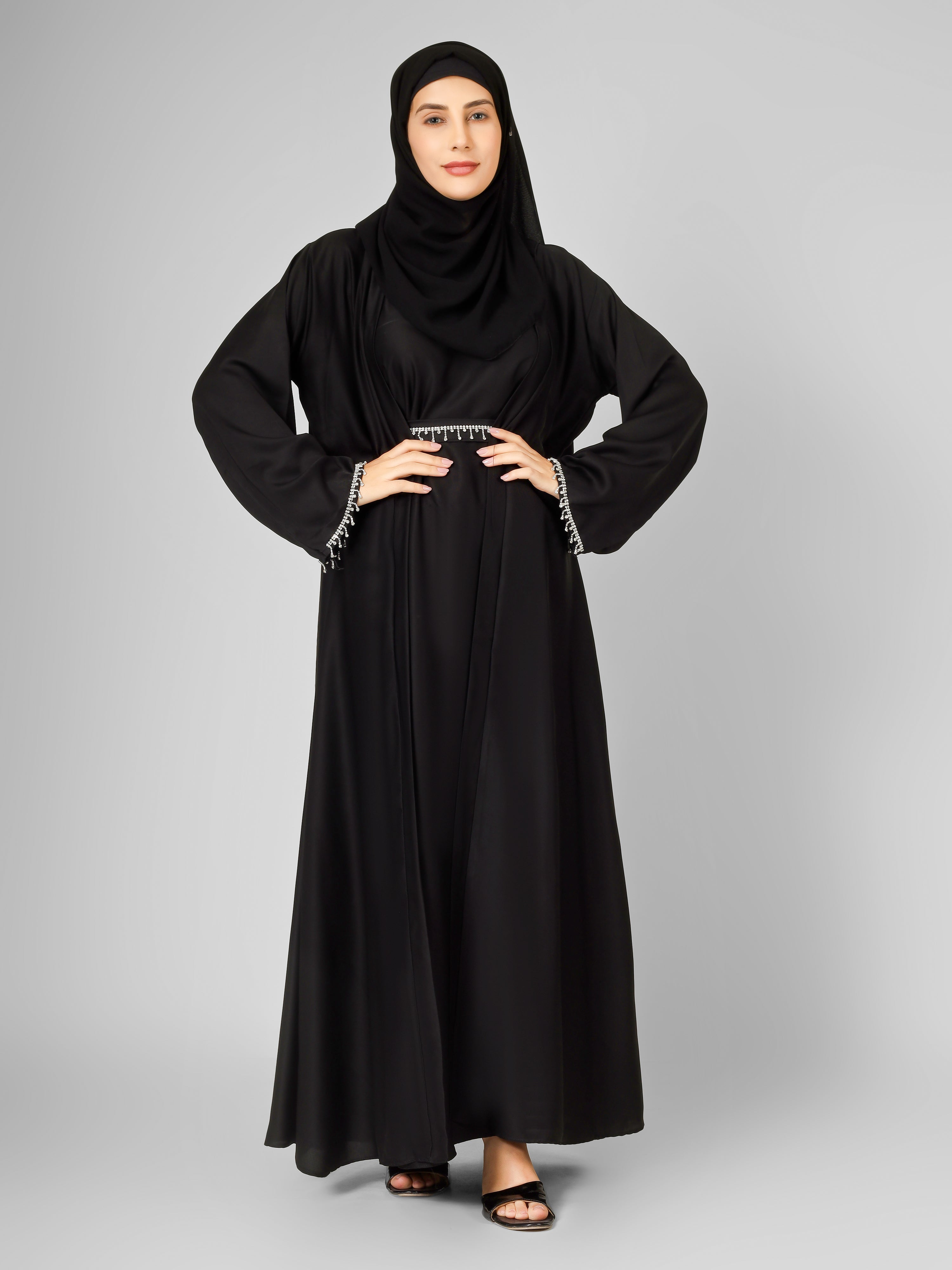 SAFFIA DOUBLE SHRUG LACE ABAYA | BLACK