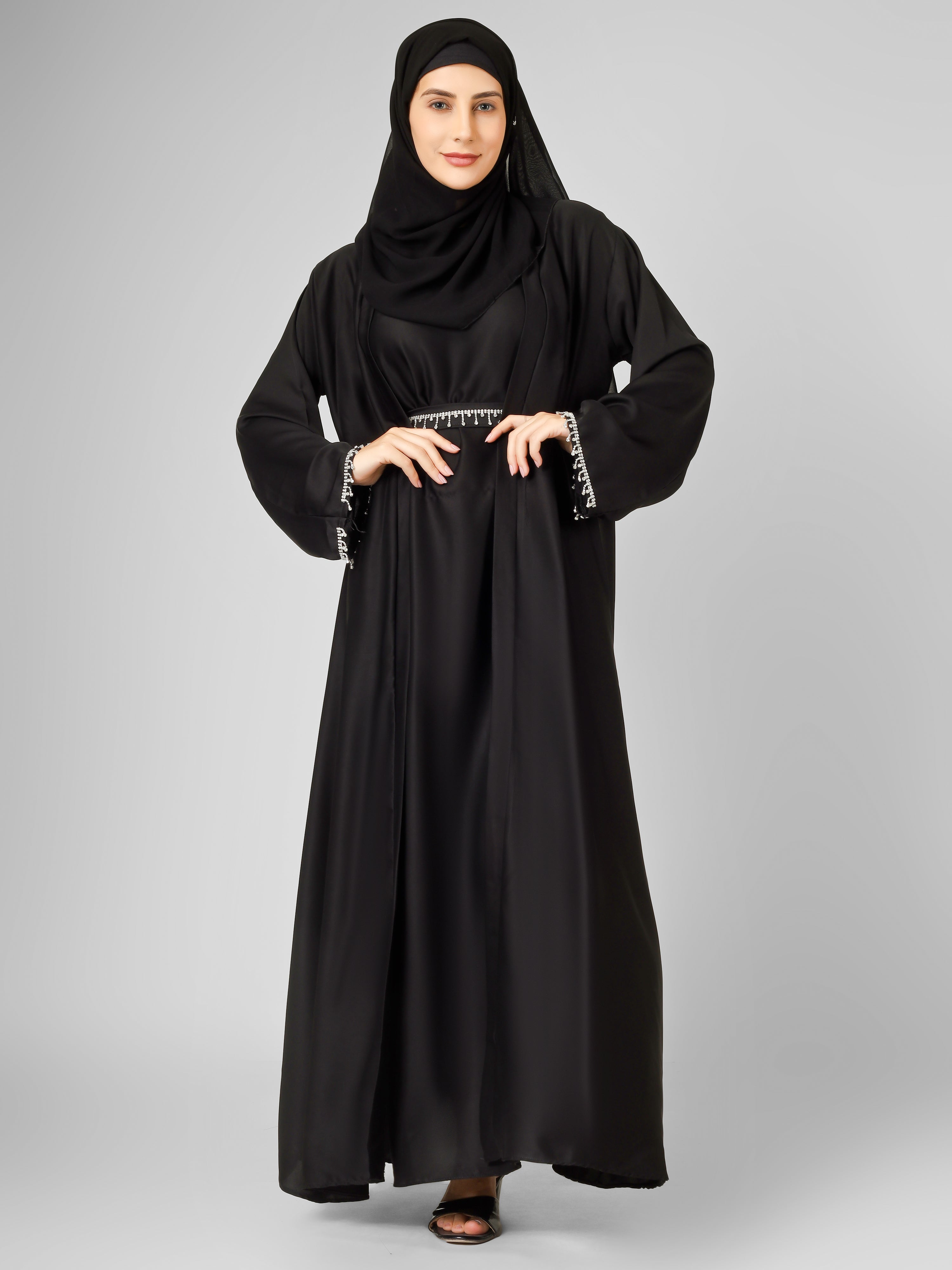 SAFFIA DOUBLE SHRUG LACE ABAYA | BLACK