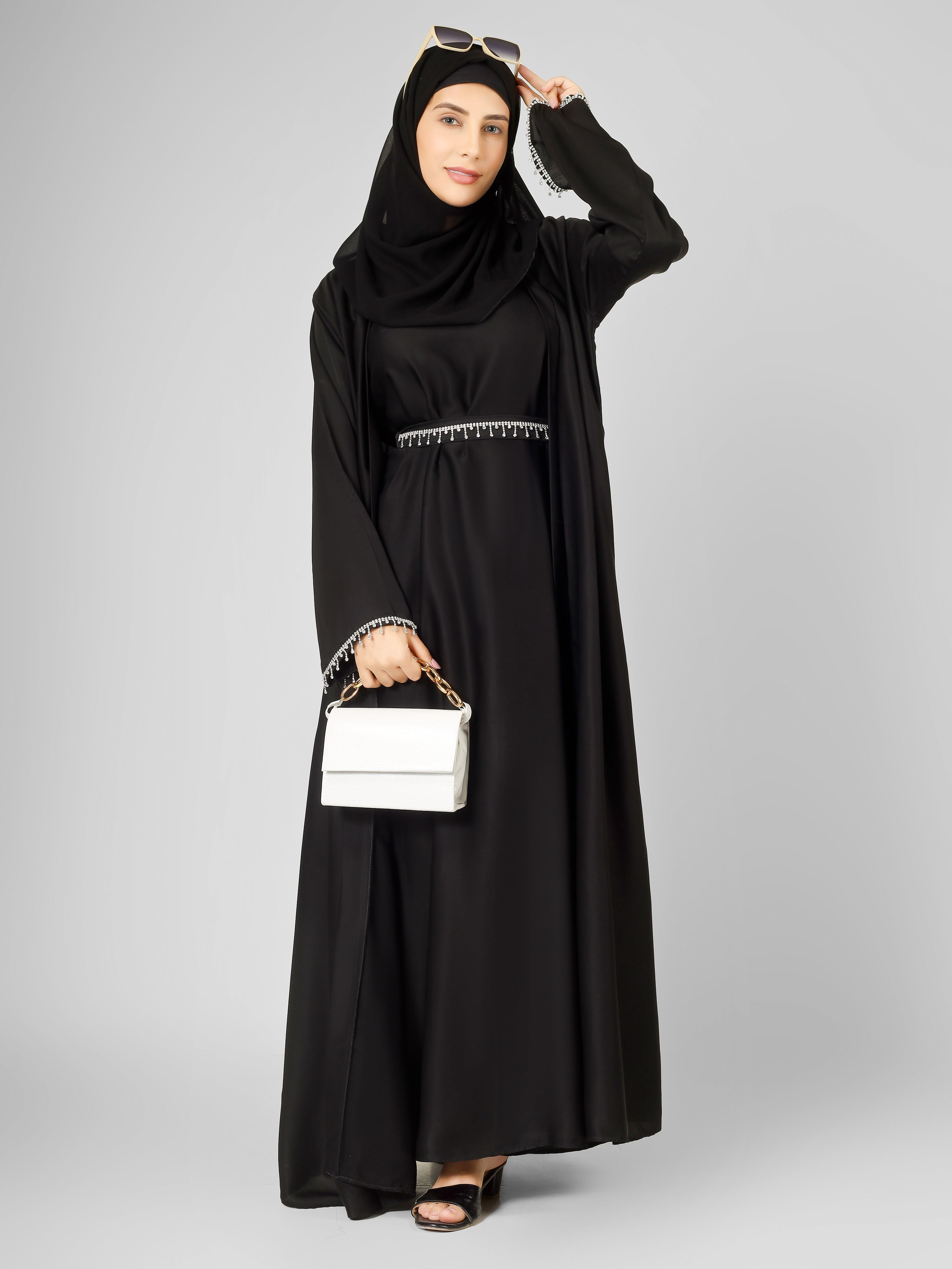 SAFFIA DOUBLE SHRUG LACE ABAYA | BLACK