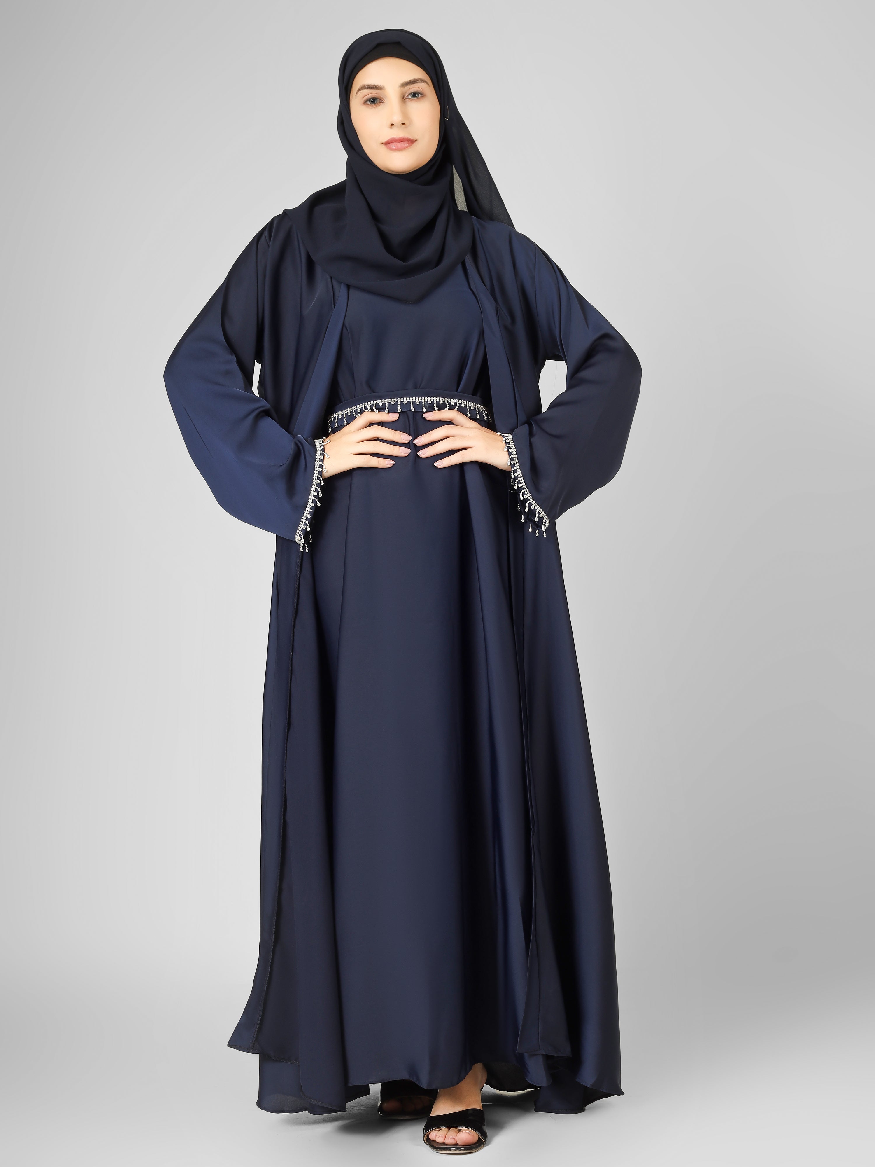 SAFFIA DOUBLE SHRUG LACE ABAYA | NAVY BLUE