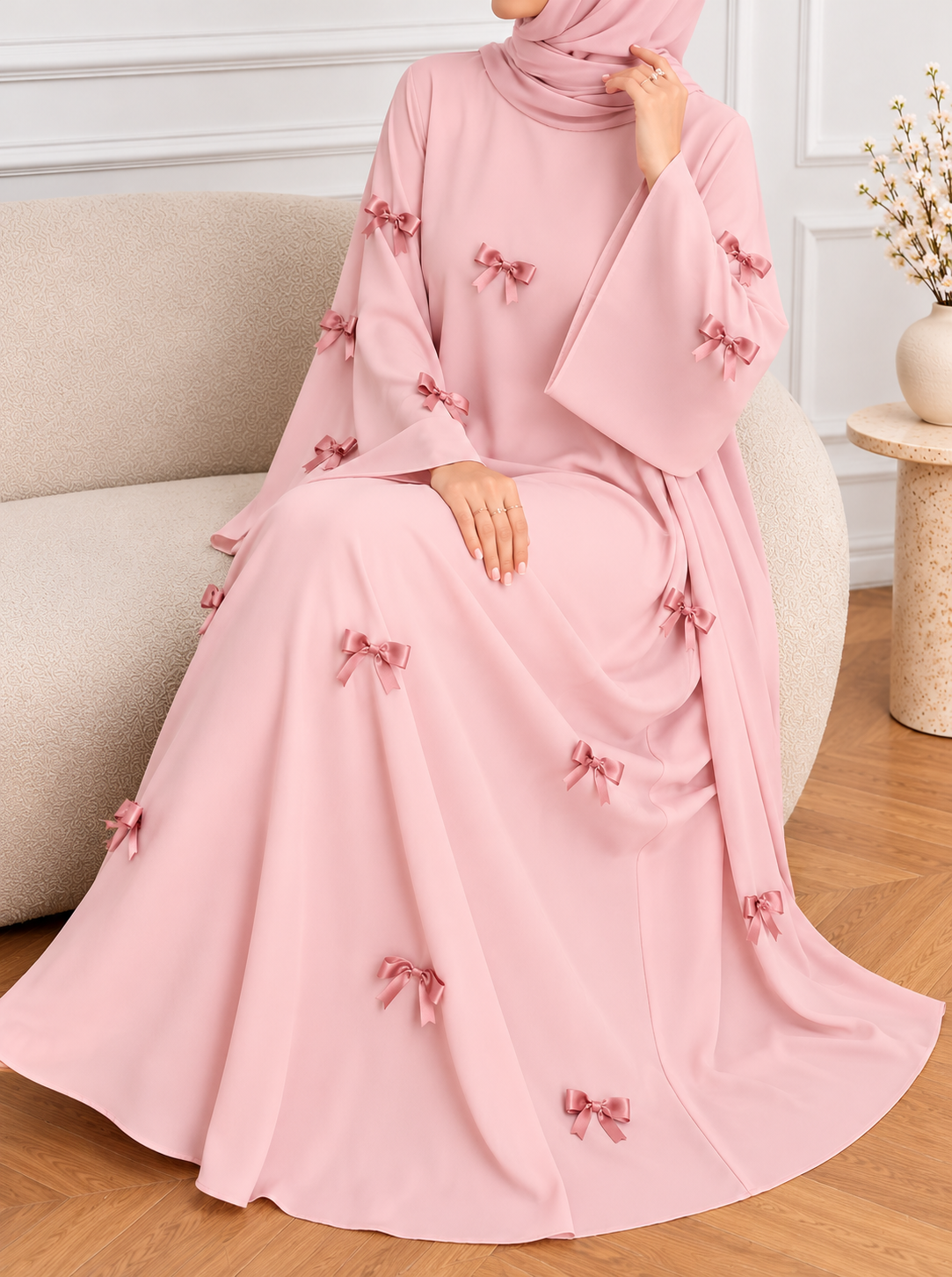 TANZIYA BOW ABAYA | BABY PINK