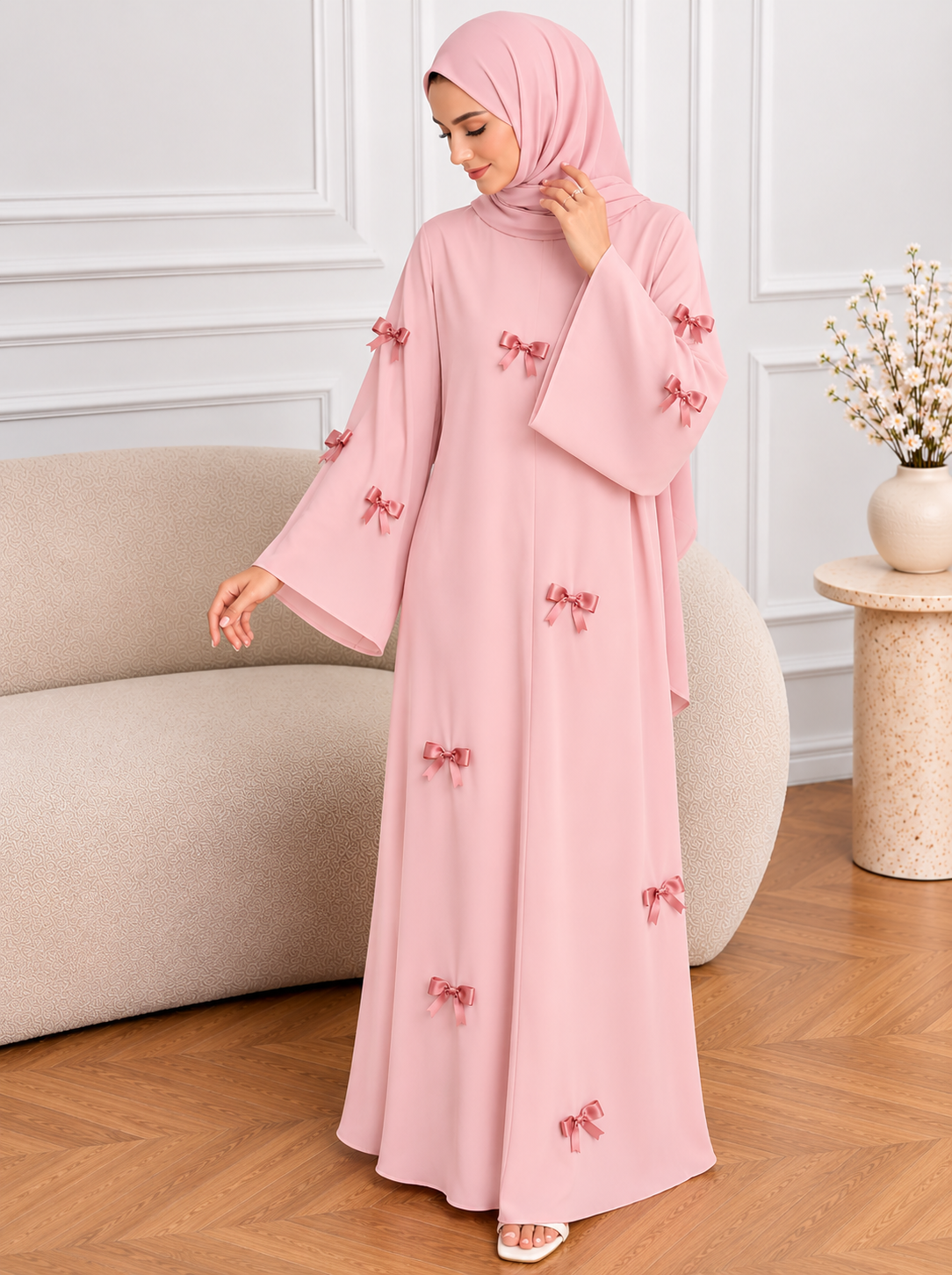 TANZIYA BOW ABAYA | BABY PINK