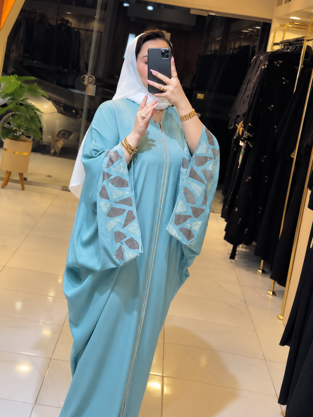REEM STONE WORK ABAYA | SEA GREEN