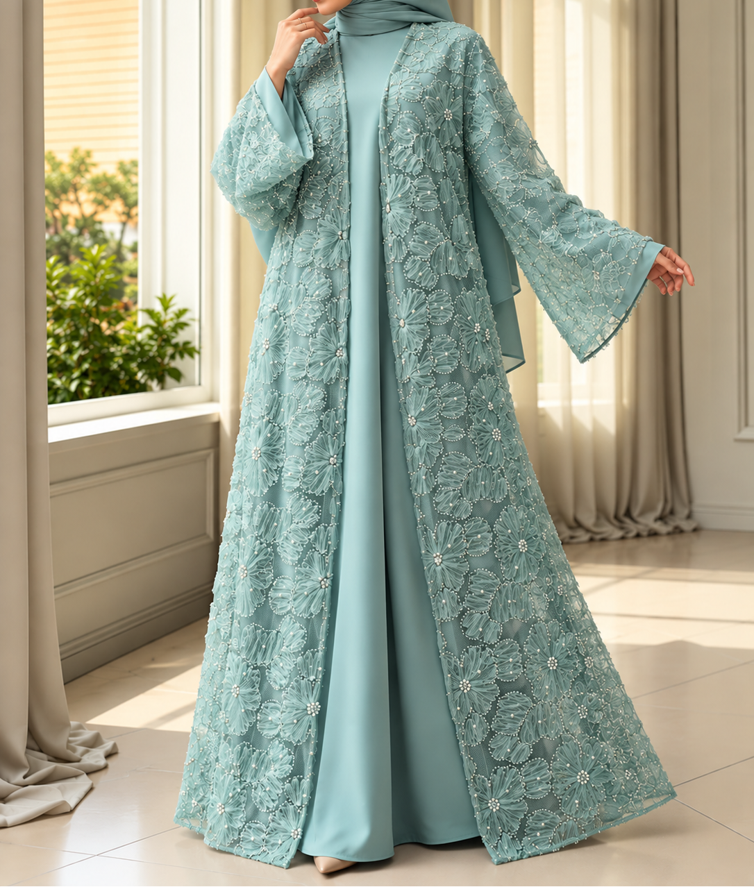 ELINA FLORAL DS ABAYA | SEA GREEN