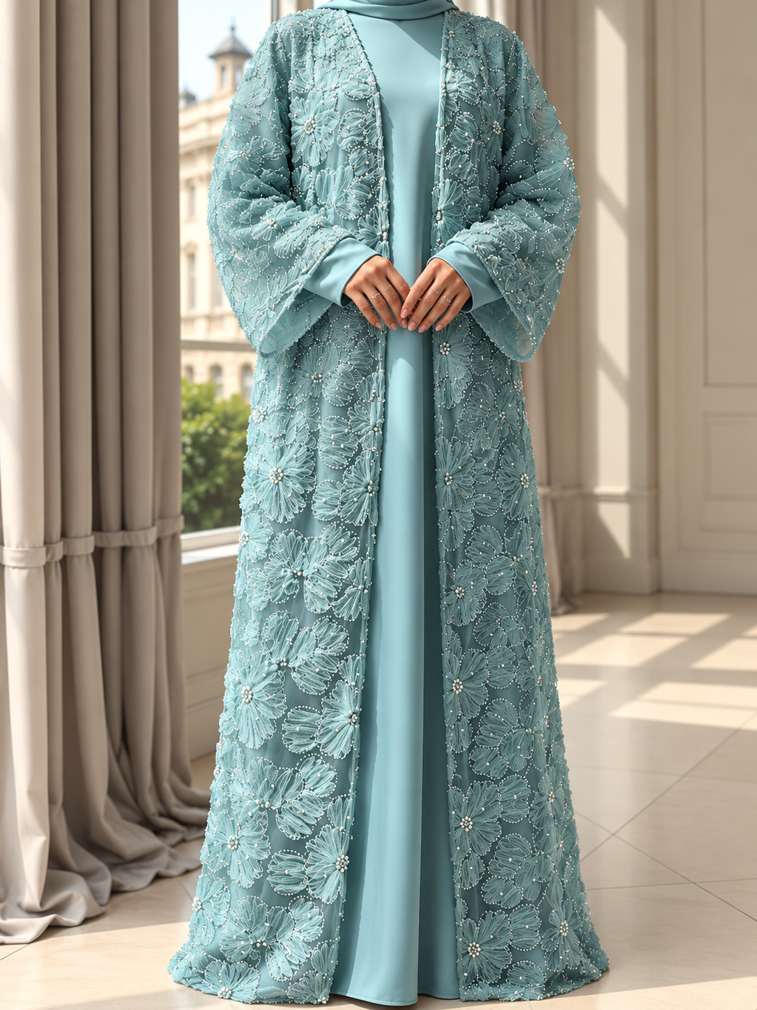 ELINA FLORAL DS ABAYA | SEA GREEN