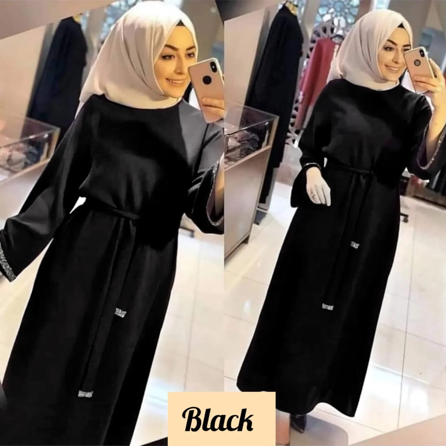 ZAINAB STONE LACE ABAYA  | BLACK