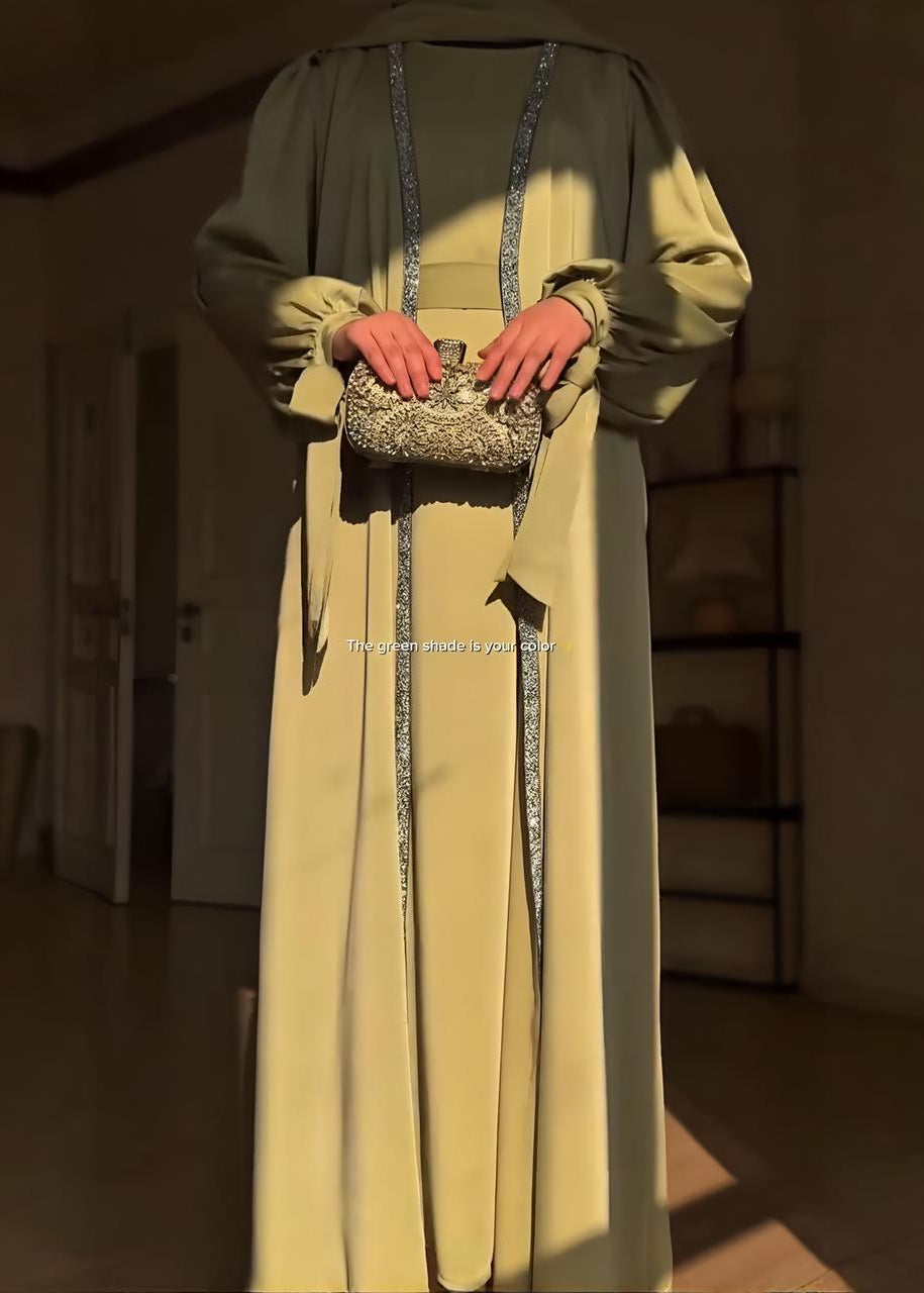 BISMA DOUBLE SHRUG ABAYA | PISTA GREEN