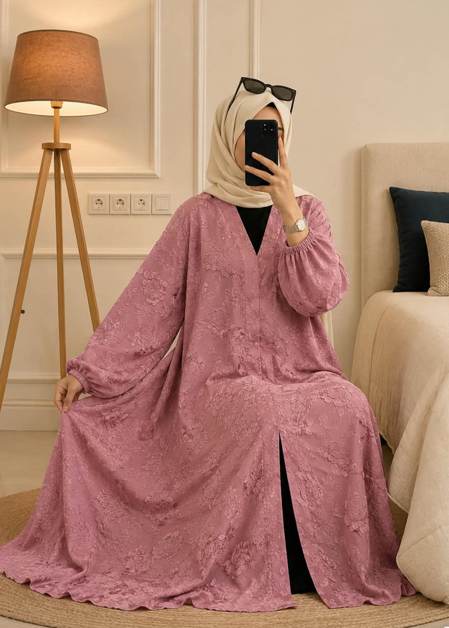 7741 - FUR FRONT OPEN ABAYA | PINK