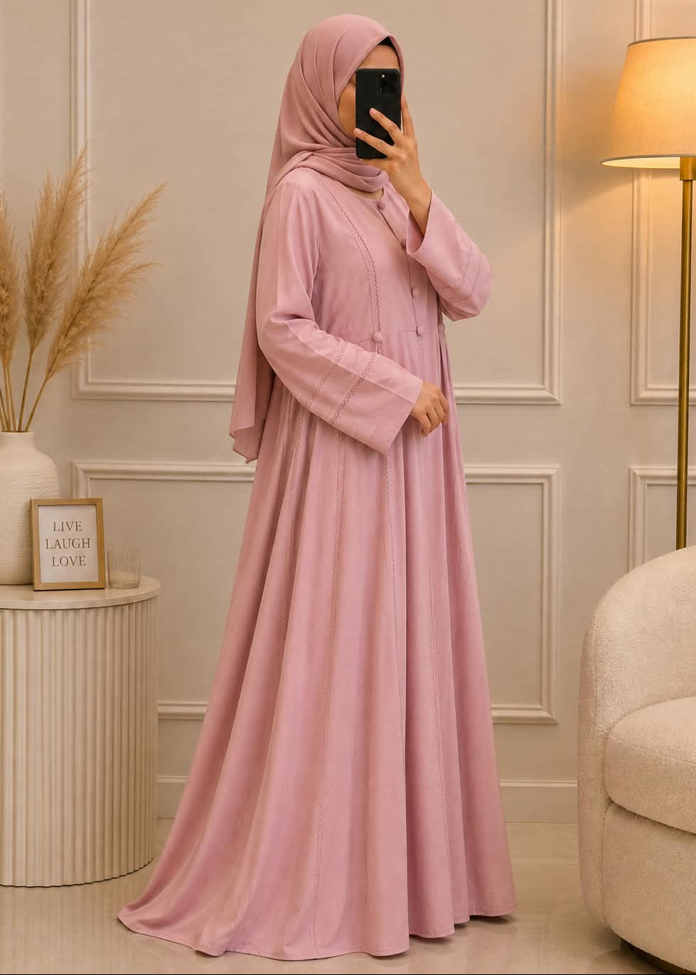 0786 - SADAF BUTTON ABAYA | BABY PINK